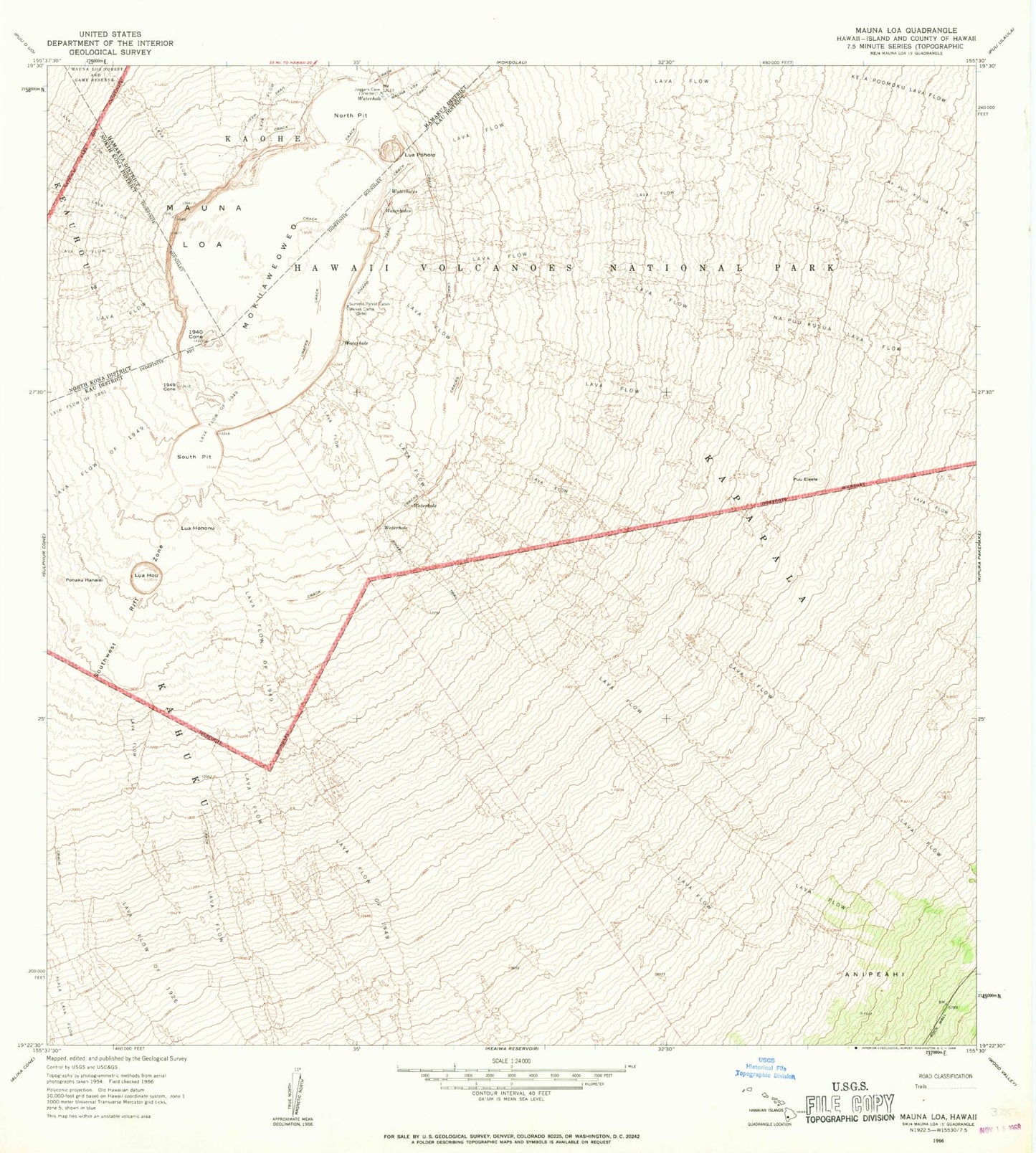 Classic USGS Mauna Loa Hawaii 7.5'x7.5' Topo Map Image
