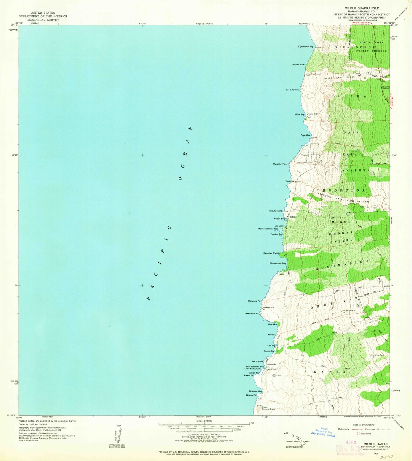Classic USGS Milolii Hawaii 7.5'x7.5' Topo Map Image