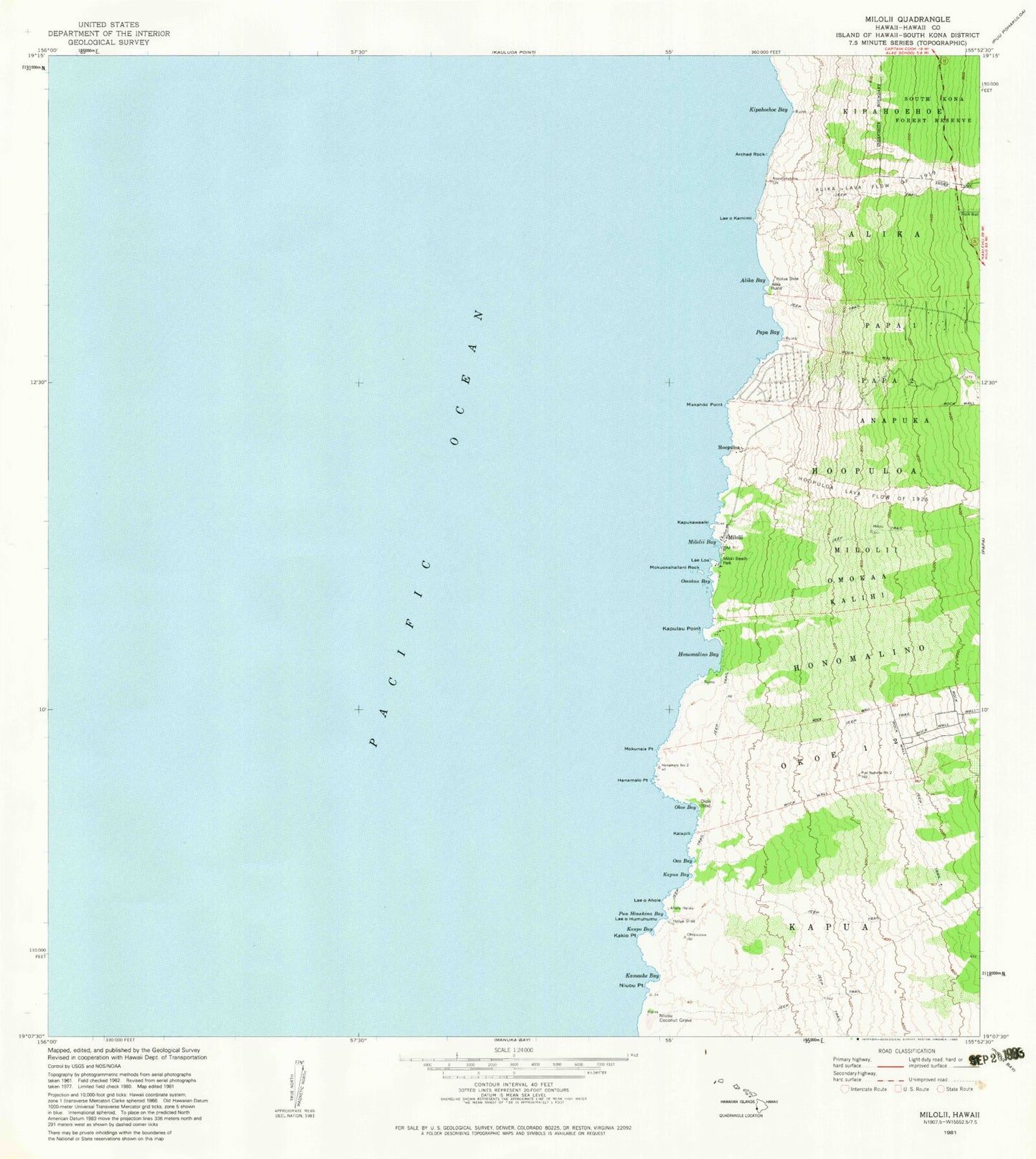 Classic USGS Milolii Hawaii 7.5'x7.5' Topo Map Image