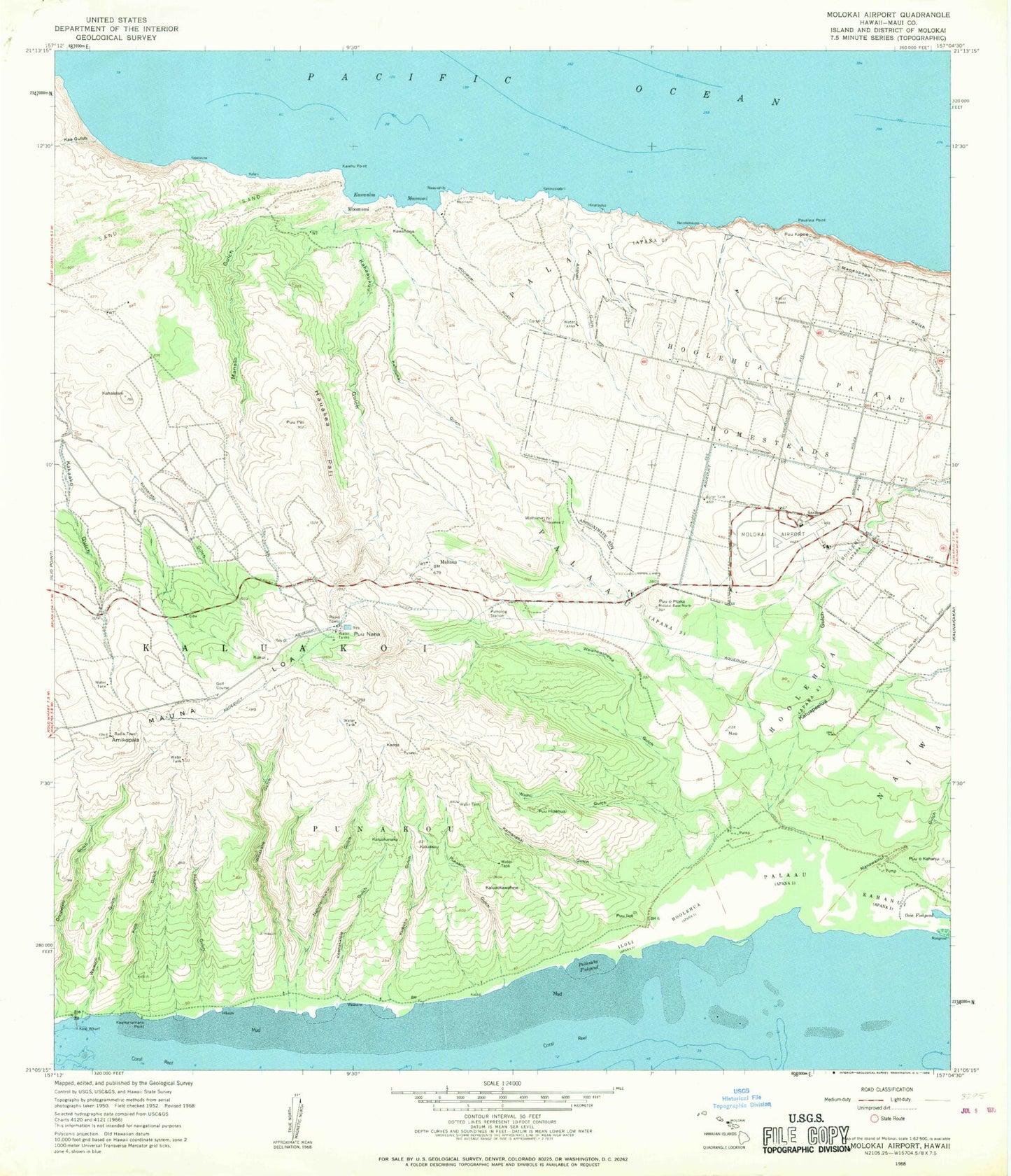 Classic USGS Molokai Airport Hawaii 7.5'x7.5' Topo Map Image