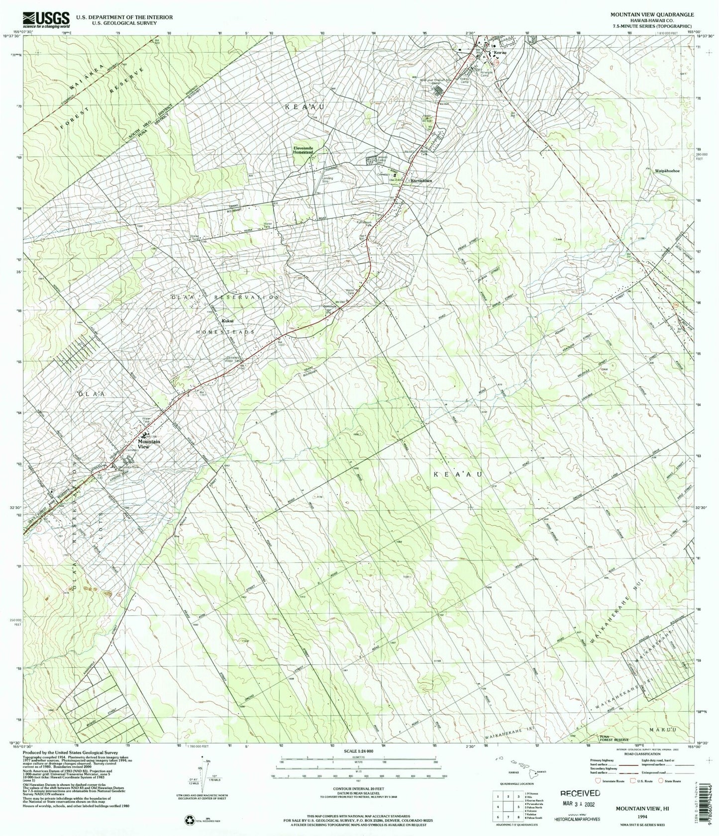 Classic USGS Mountain View Hawaii 7.5'x7.5' Topo Map Image