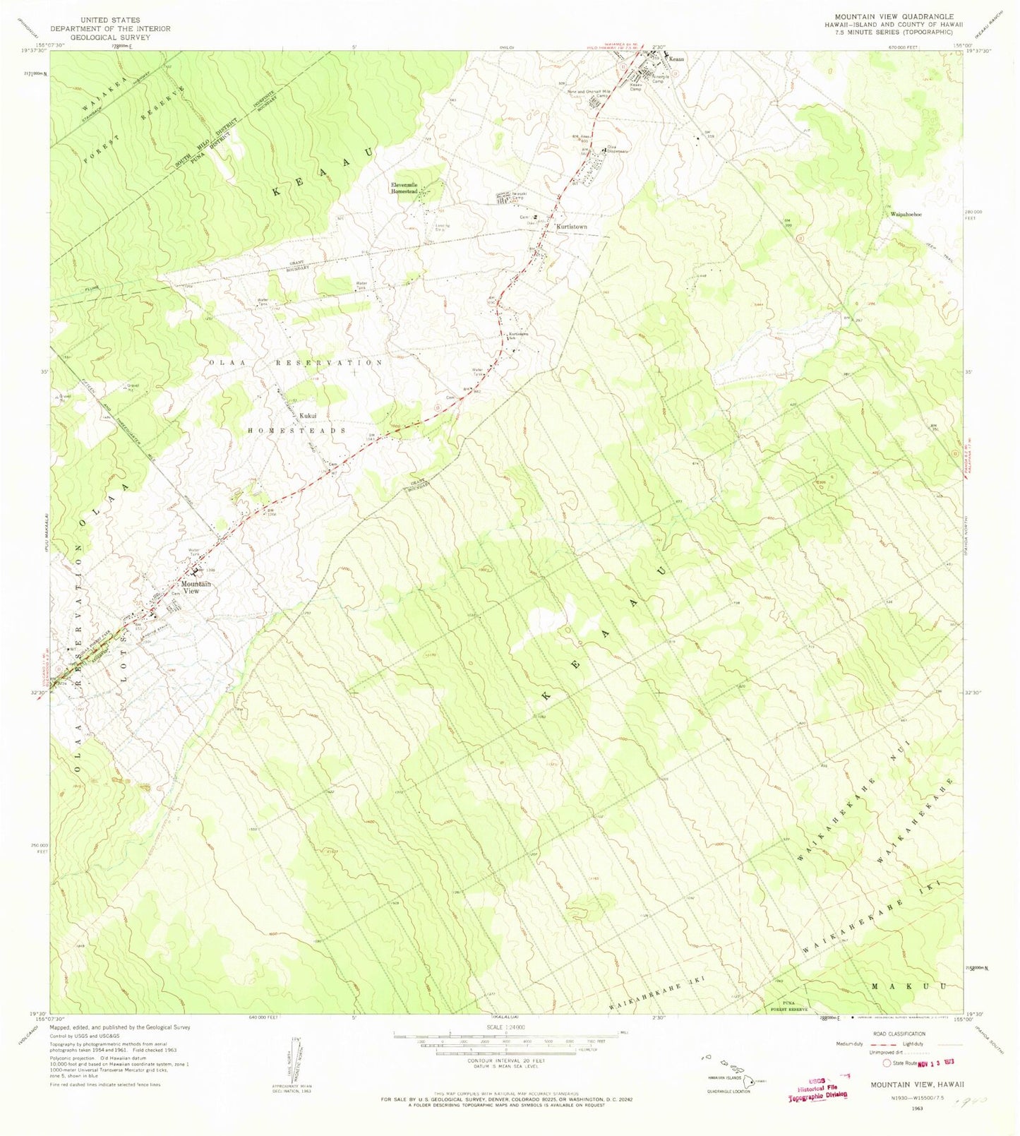 Classic USGS Mountain View Hawaii 7.5'x7.5' Topo Map Image