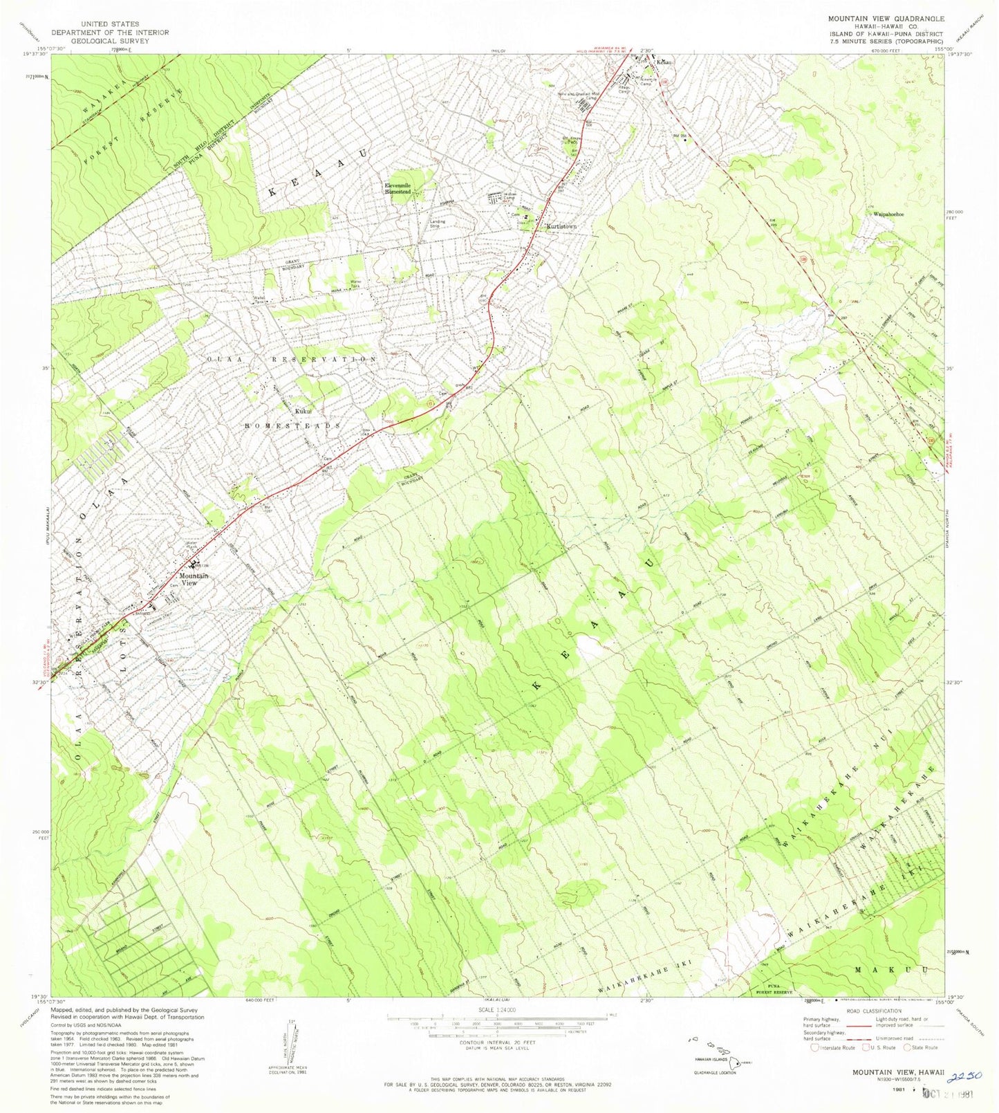 Classic USGS Mountain View Hawaii 7.5'x7.5' Topo Map Image