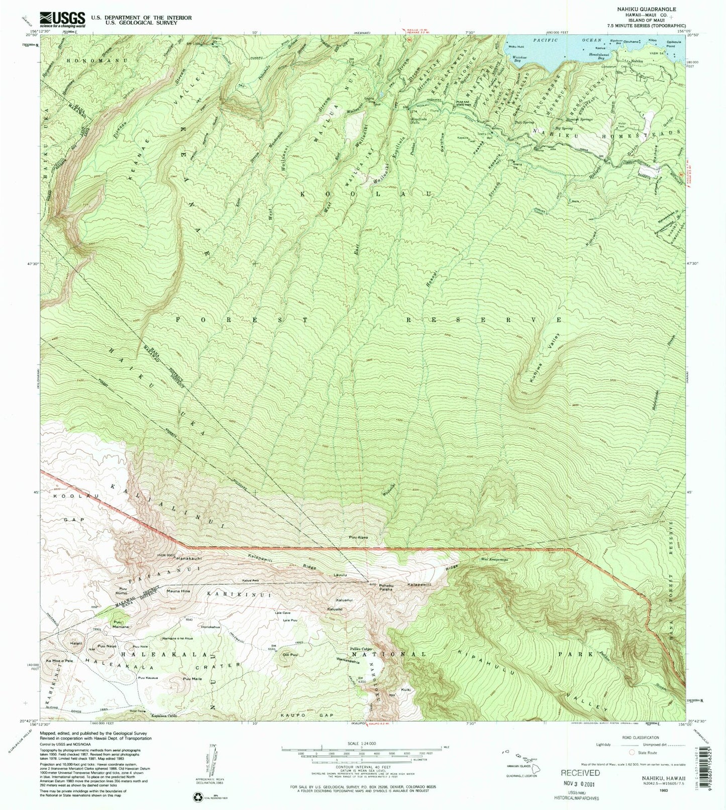 Classic USGS Nahiku Hawaii 7.5'x7.5' Topo Map Image