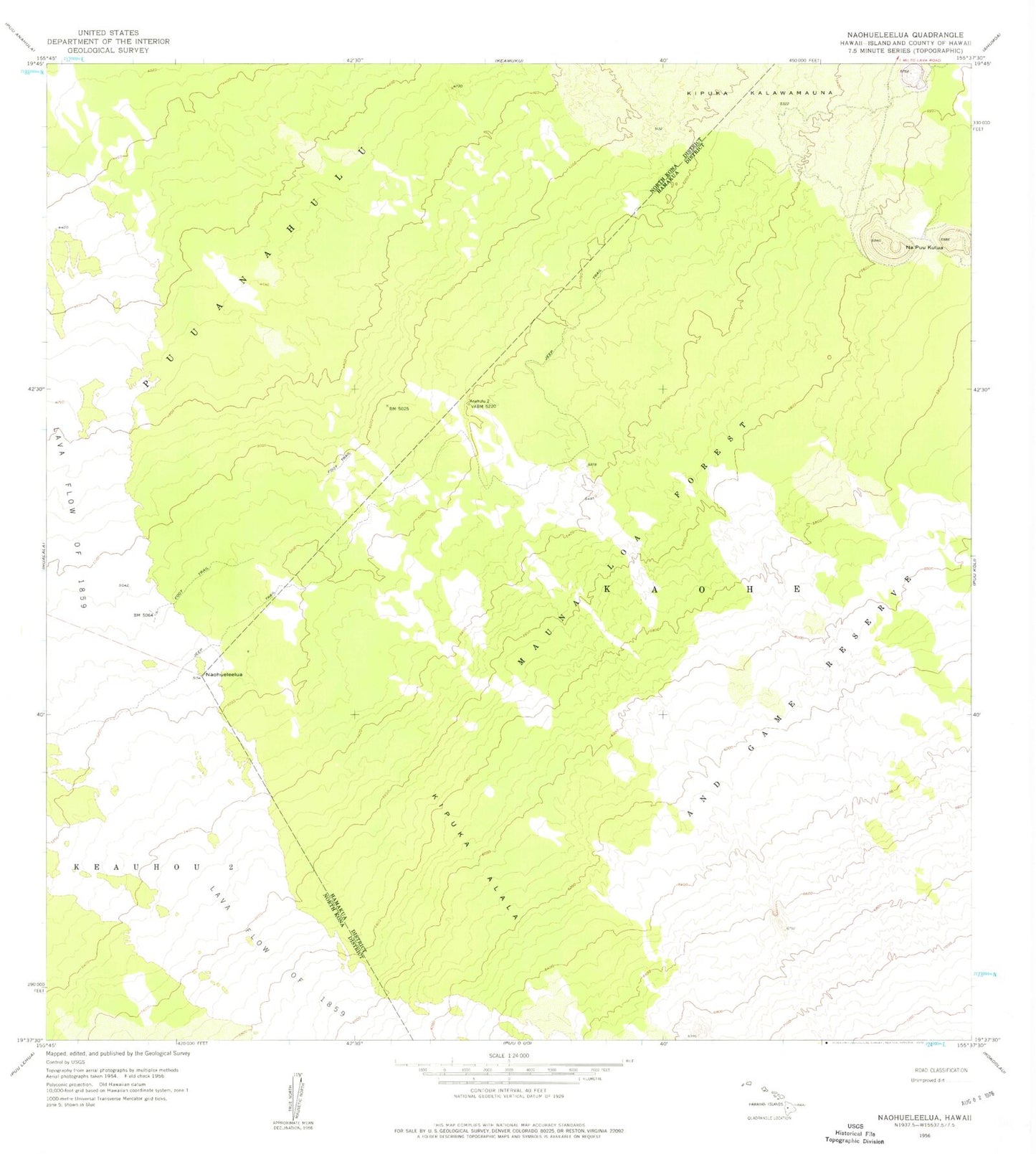 Classic USGS Naohuleelua Hawaii 7.5'x7.5' Topo Map Image