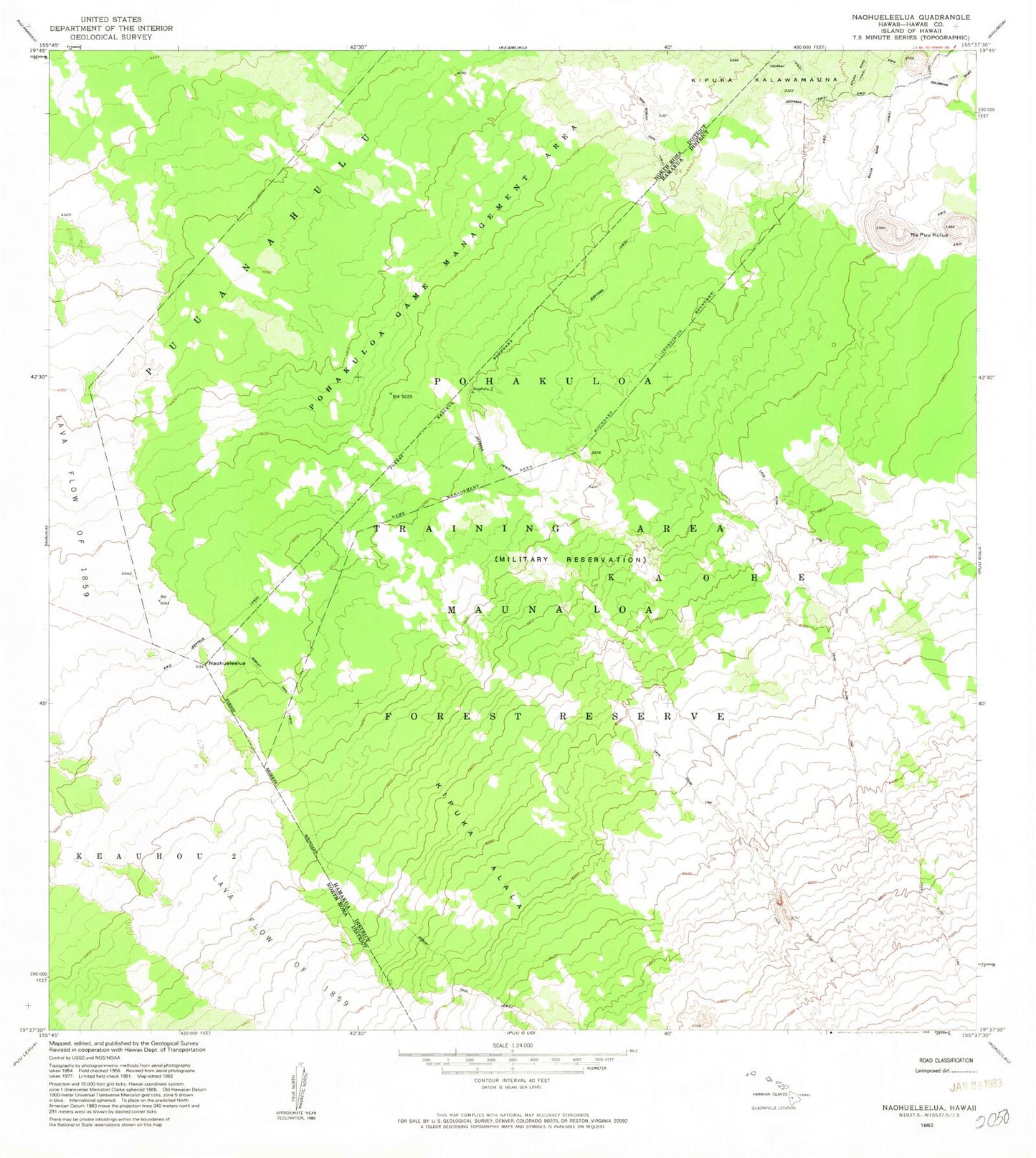 Classic USGS Naohuleelua Hawaii 7.5'x7.5' Topo Map Image