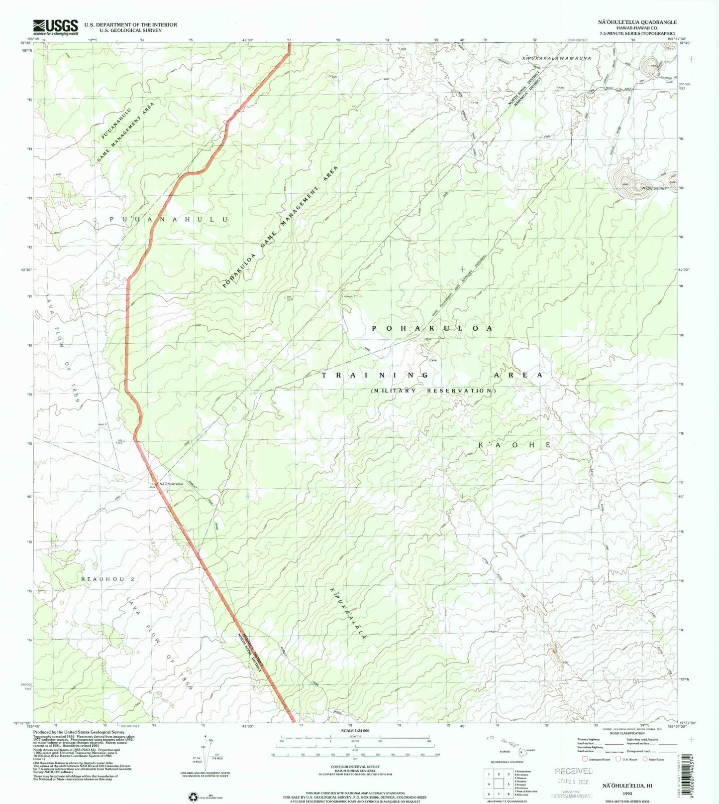 Classic USGS Naohuleelua Hawaii 7.5'x7.5' Topo Map Image