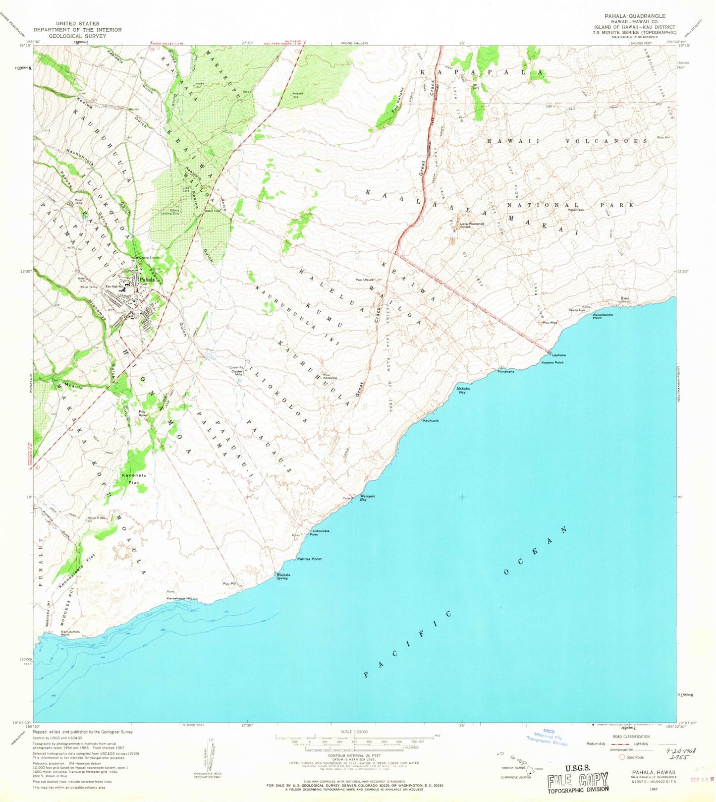 Classic USGS Pahala Hawaii 7.5'x7.5' Topo Map Image