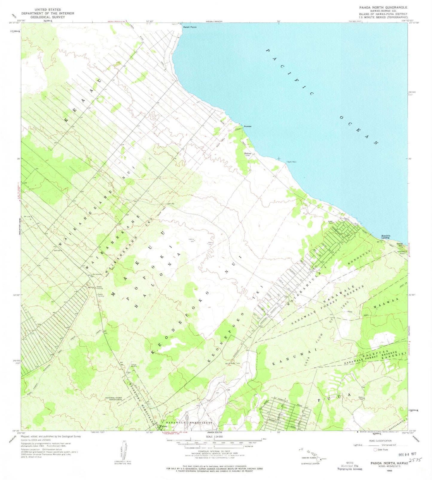 Classic USGS Pahoa North Hawaii 7.5'x7.5' Topo Map Image