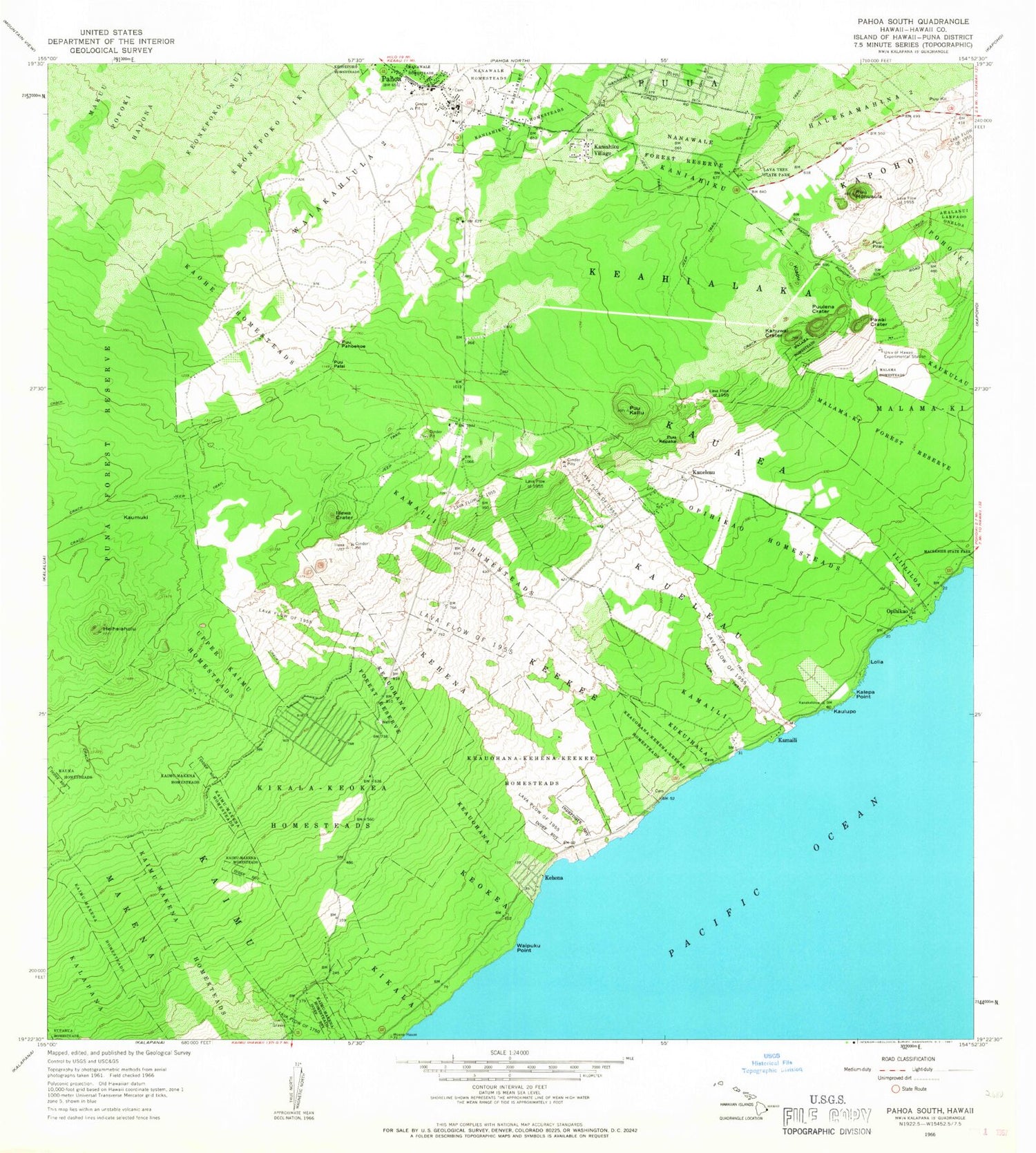 Classic USGS Pahoa South Hawaii 7.5'x7.5' Topo Map Image