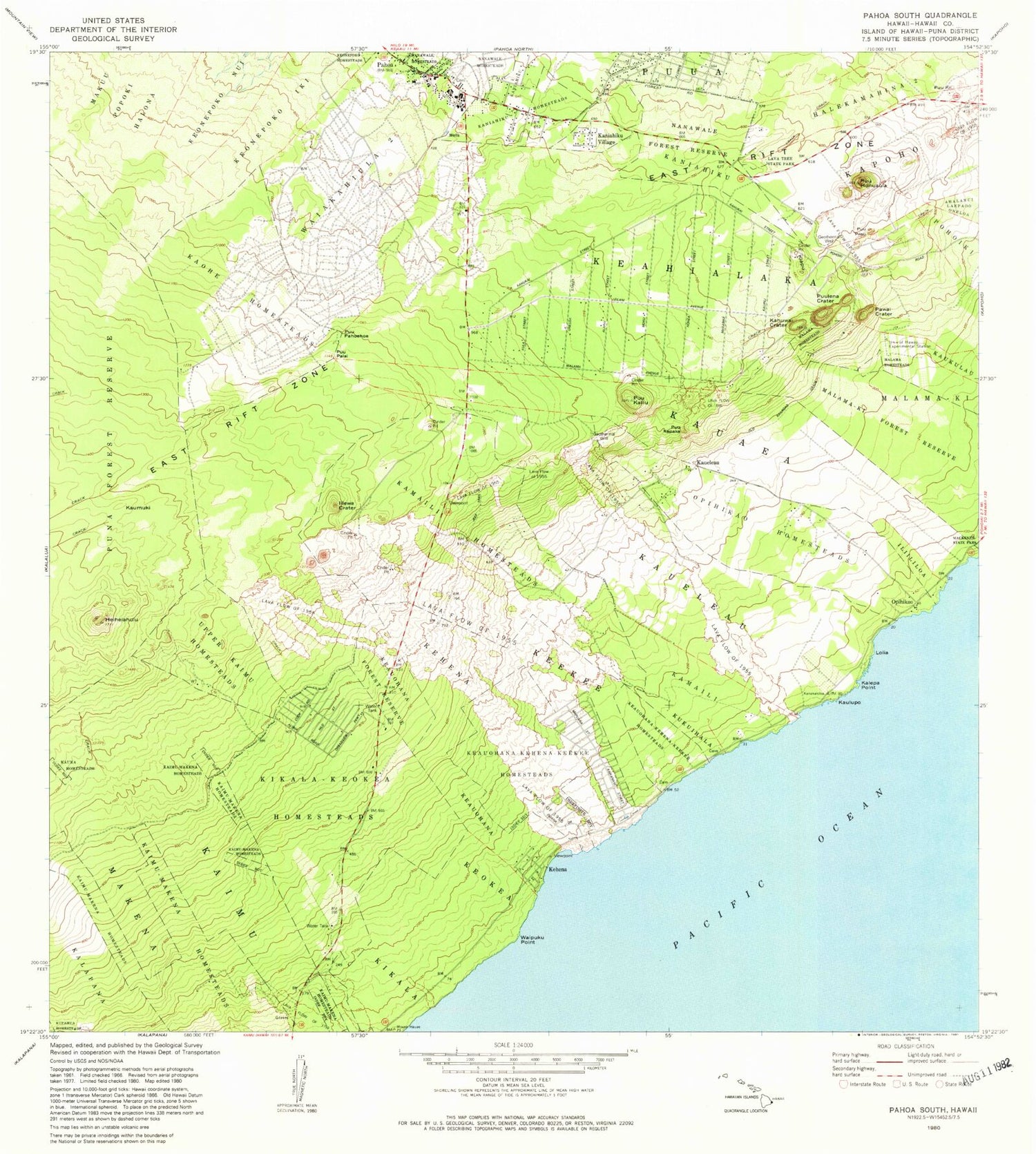 Classic USGS Pahoa South Hawaii 7.5'x7.5' Topo Map Image
