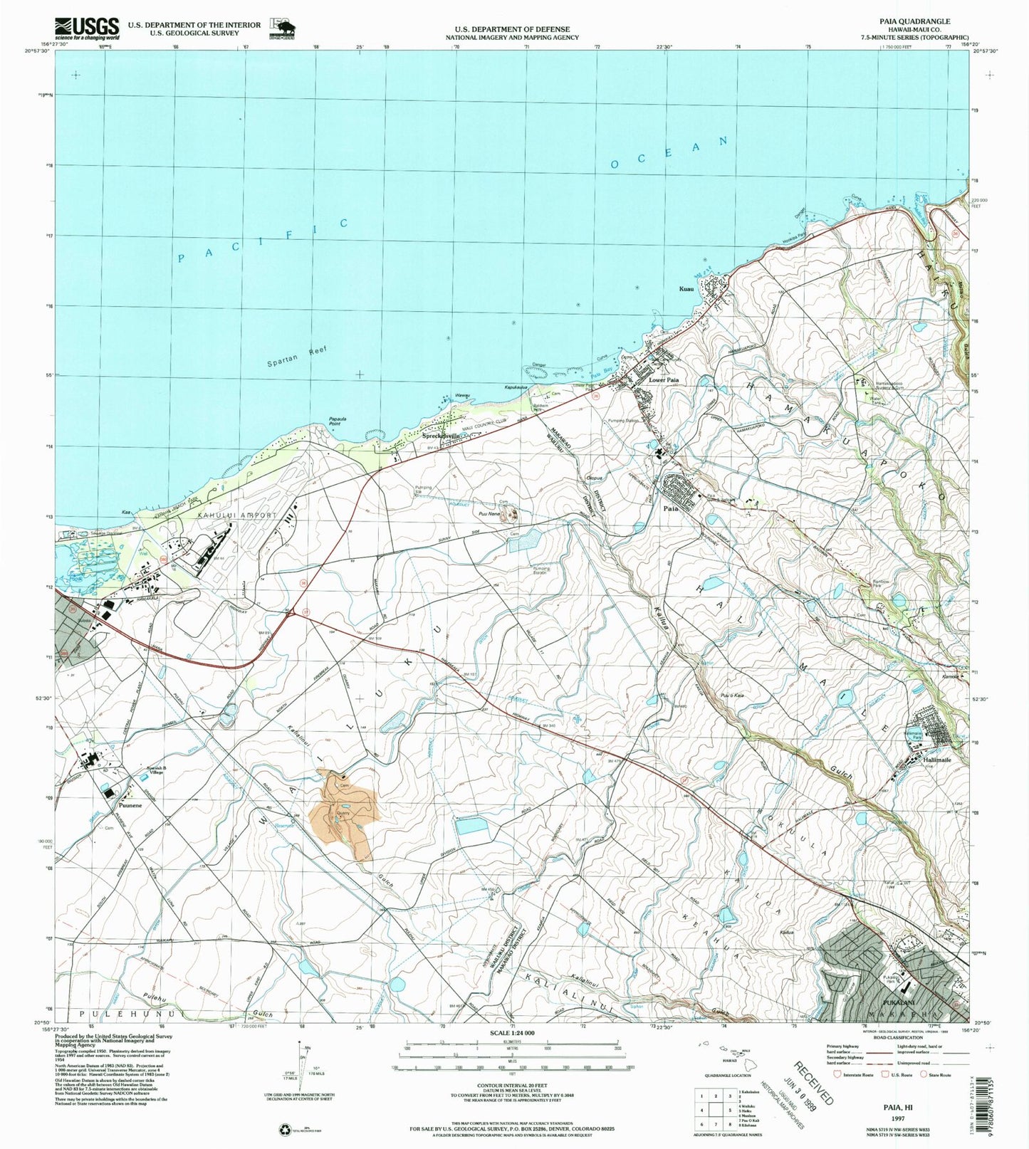 Classic USGS Paia Hawaii 7.5'x7.5' Topo Map Image