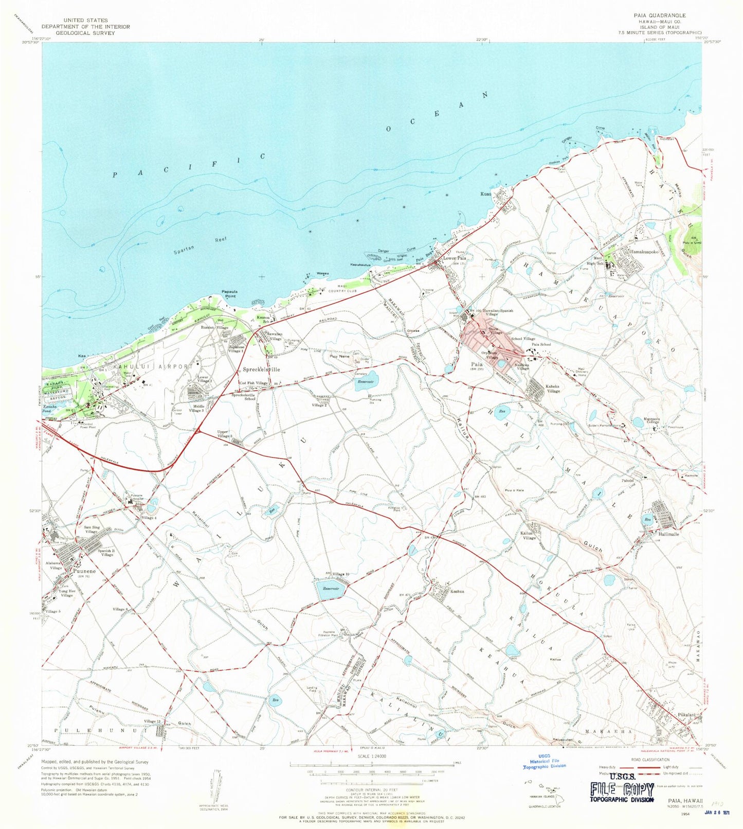 Classic USGS Paia Hawaii 7.5'x7.5' Topo Map Image