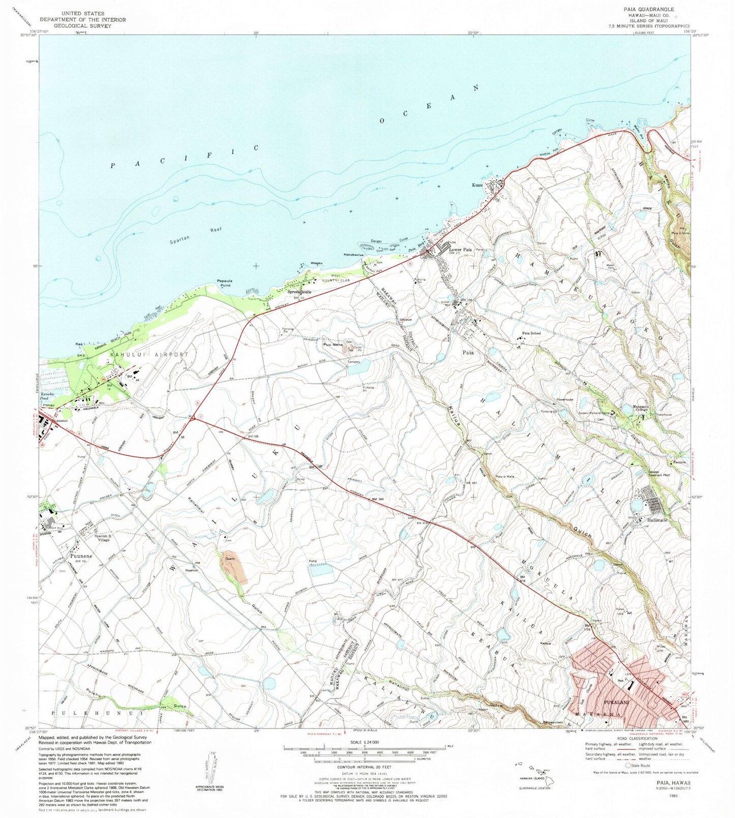 Classic USGS Paia Hawaii 7.5'x7.5' Topo Map Image