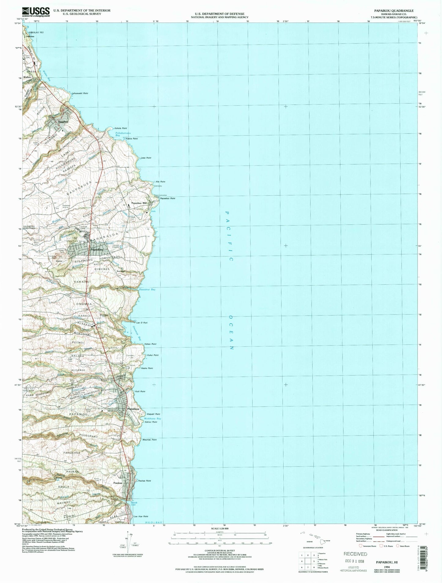 Classic USGS Papaikou Hawaii 7.5'x7.5' Topo Map Image