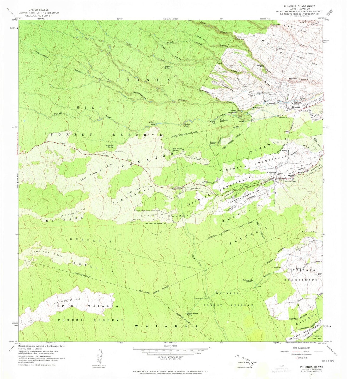 Classic USGS Piihonua Hawaii 7.5'x7.5' Topo Map Image
