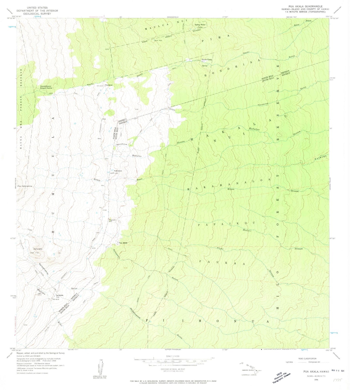 Classic USGS Puaakala Hawaii 7.5'x7.5' Topo Map Image