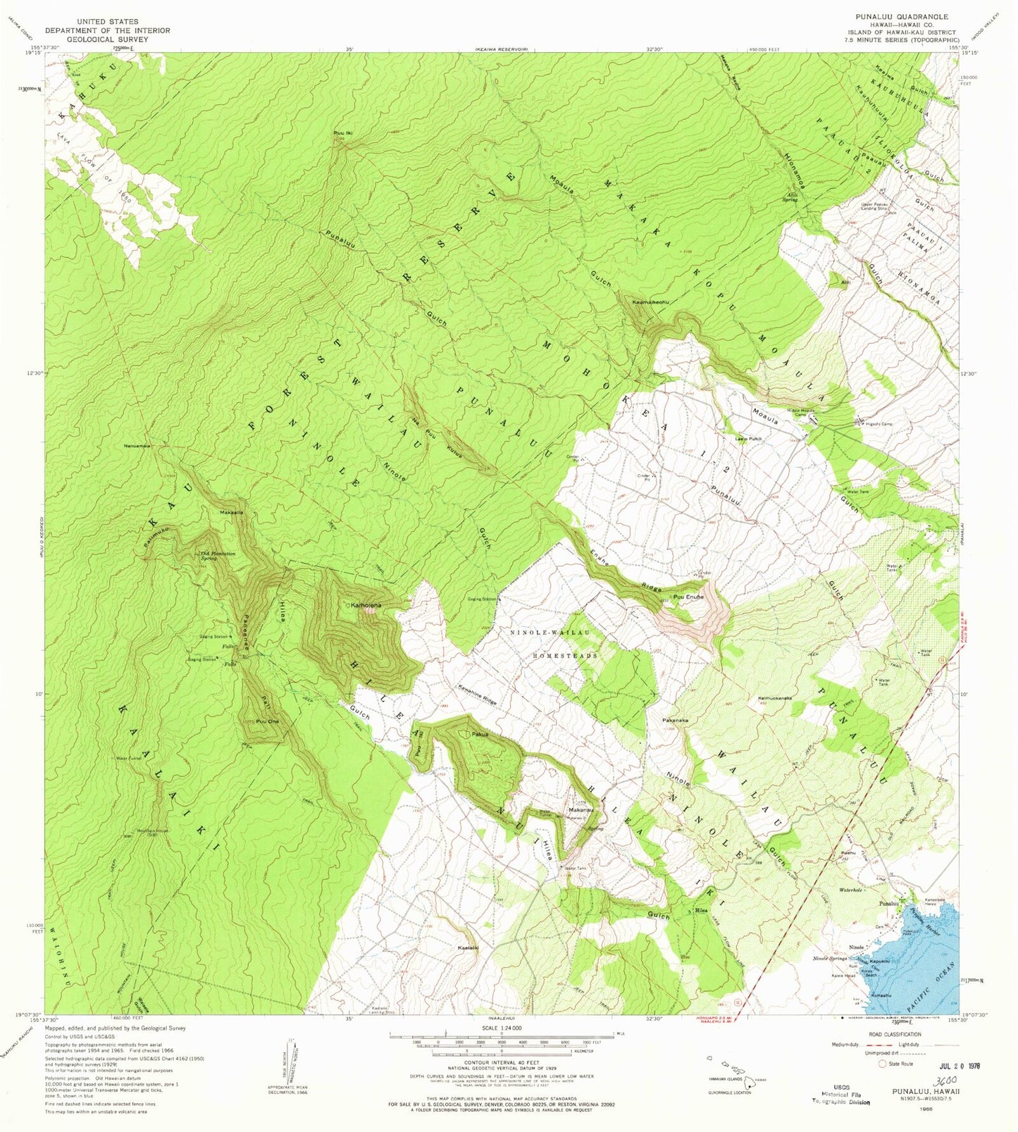 Classic USGS Punaluu Hawaii 7.5'x7.5' Topo Map Image