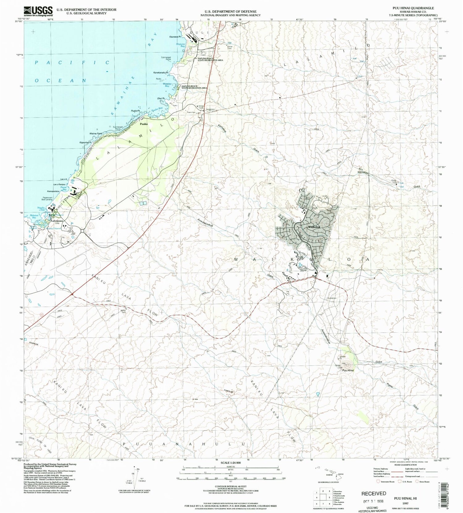 Classic USGS Puu Hinai Hawaii 7.5'x7.5' Topo Map Image