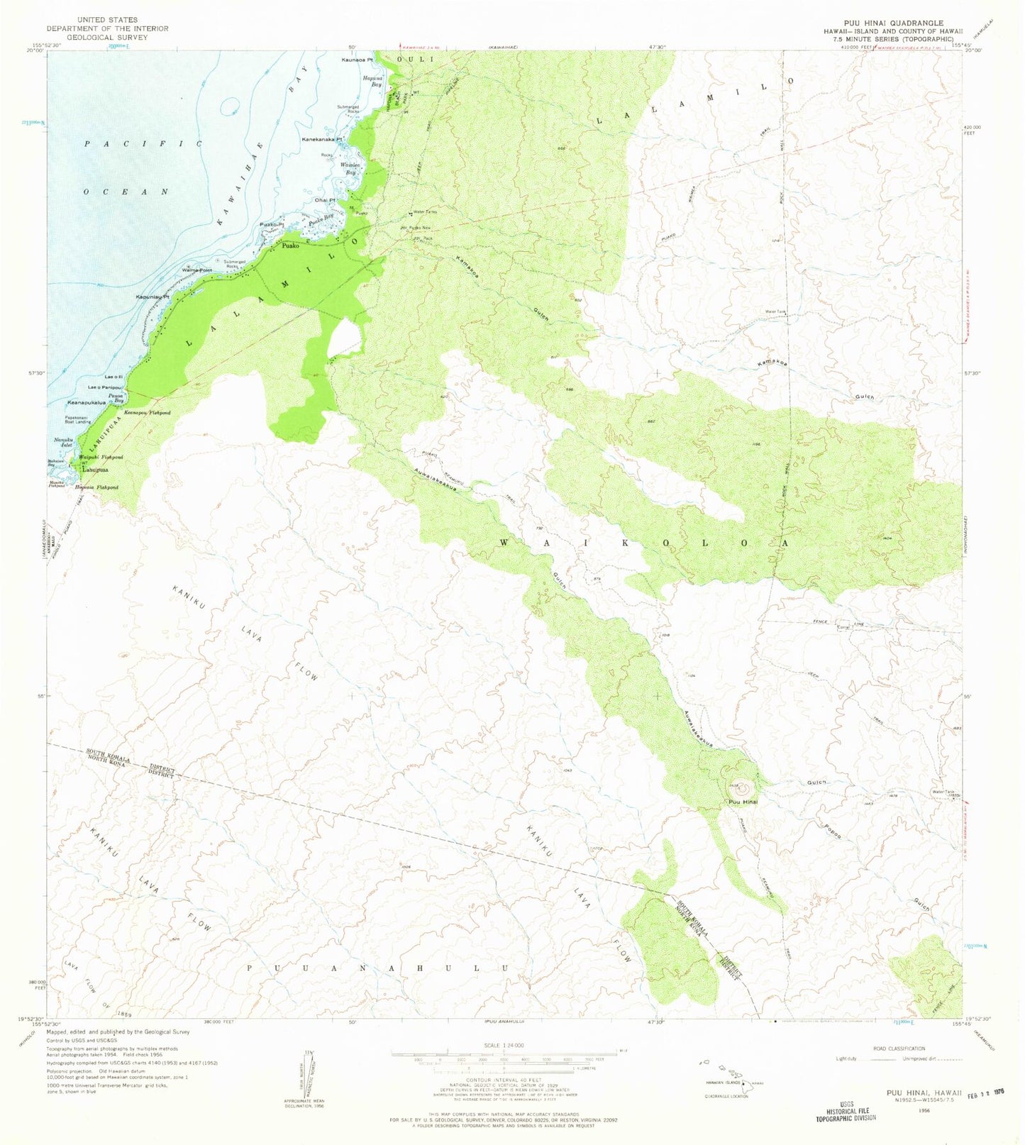 Classic USGS Puu Hinai Hawaii 7.5'x7.5' Topo Map Image