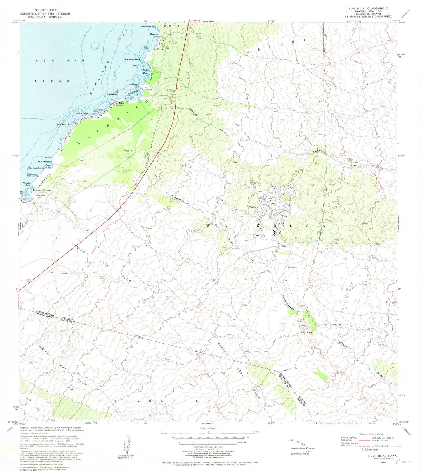 Classic USGS Puu Hinai Hawaii 7.5'x7.5' Topo Map Image