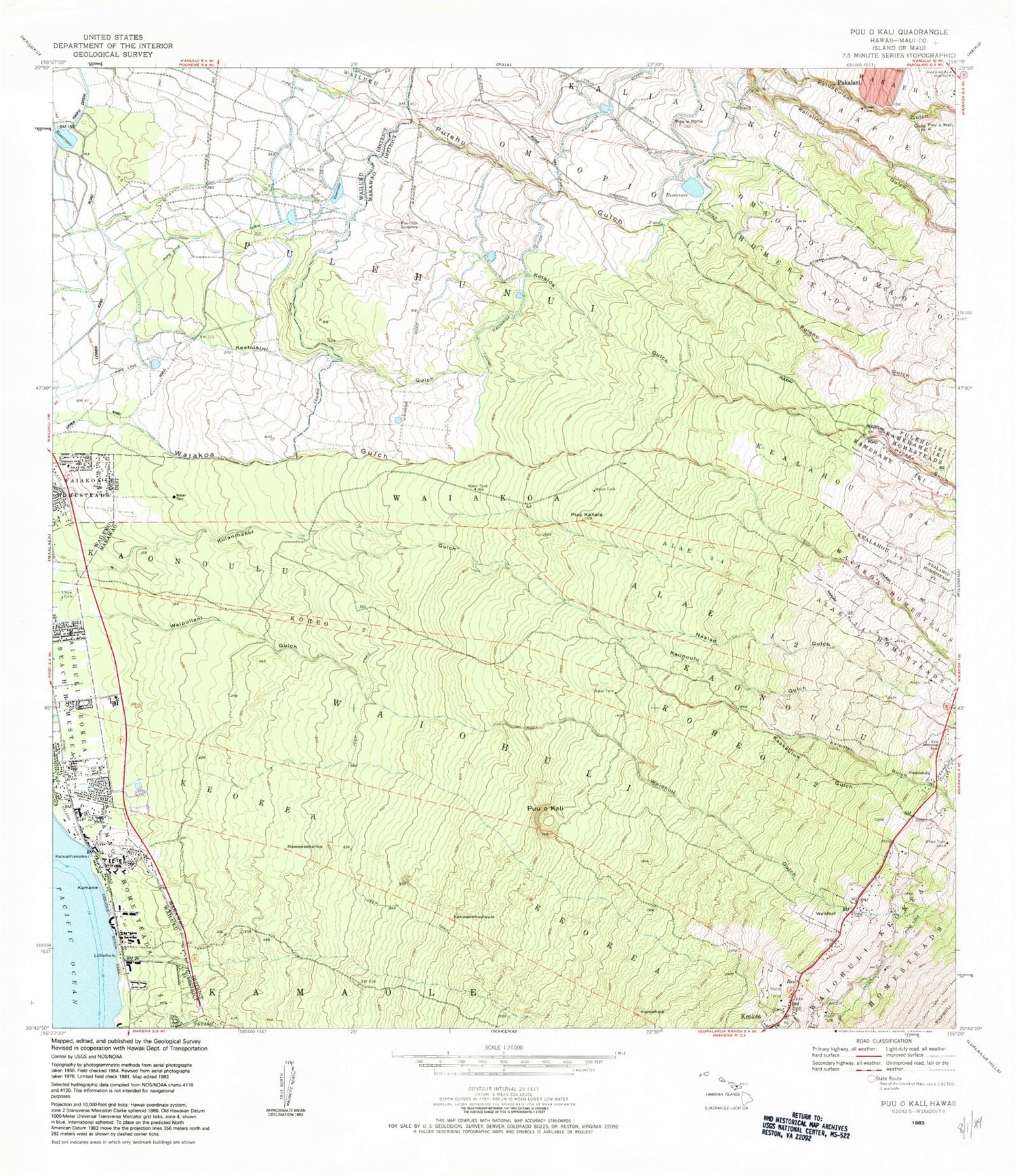 Classic USGS Puu O Kali Hawaii 7.5'x7.5' Topo Map Image