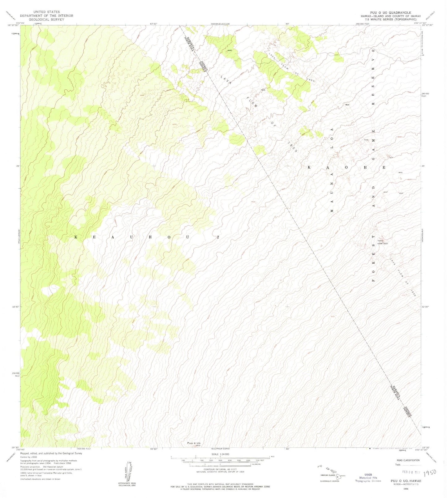 Classic USGS West of Kokoolau Hawaii 7.5'x7.5' Topo Map Image