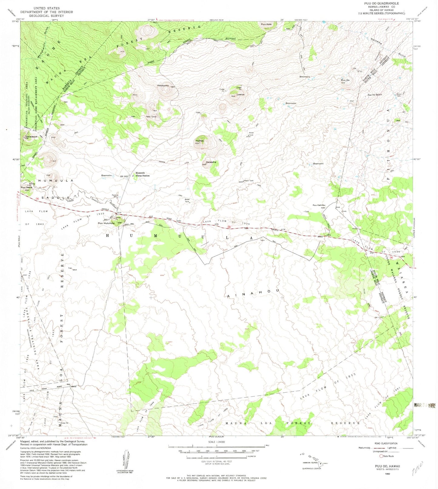 Classic USGS Puuoo Hawaii 7.5'x7.5' Topo Map Image