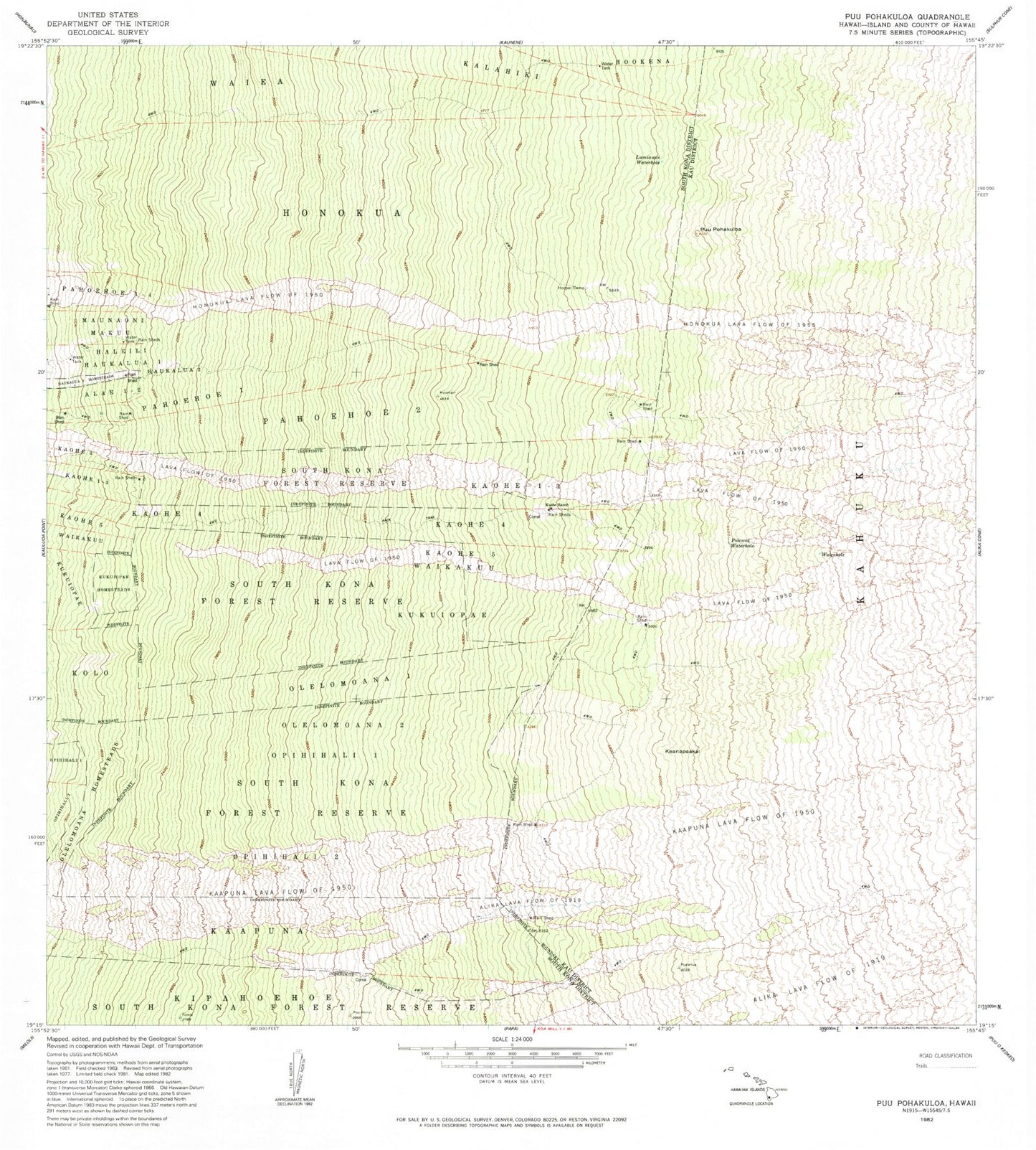 Classic USGS Puupohakuloa Hawaii 7.5'x7.5' Topo Map Image