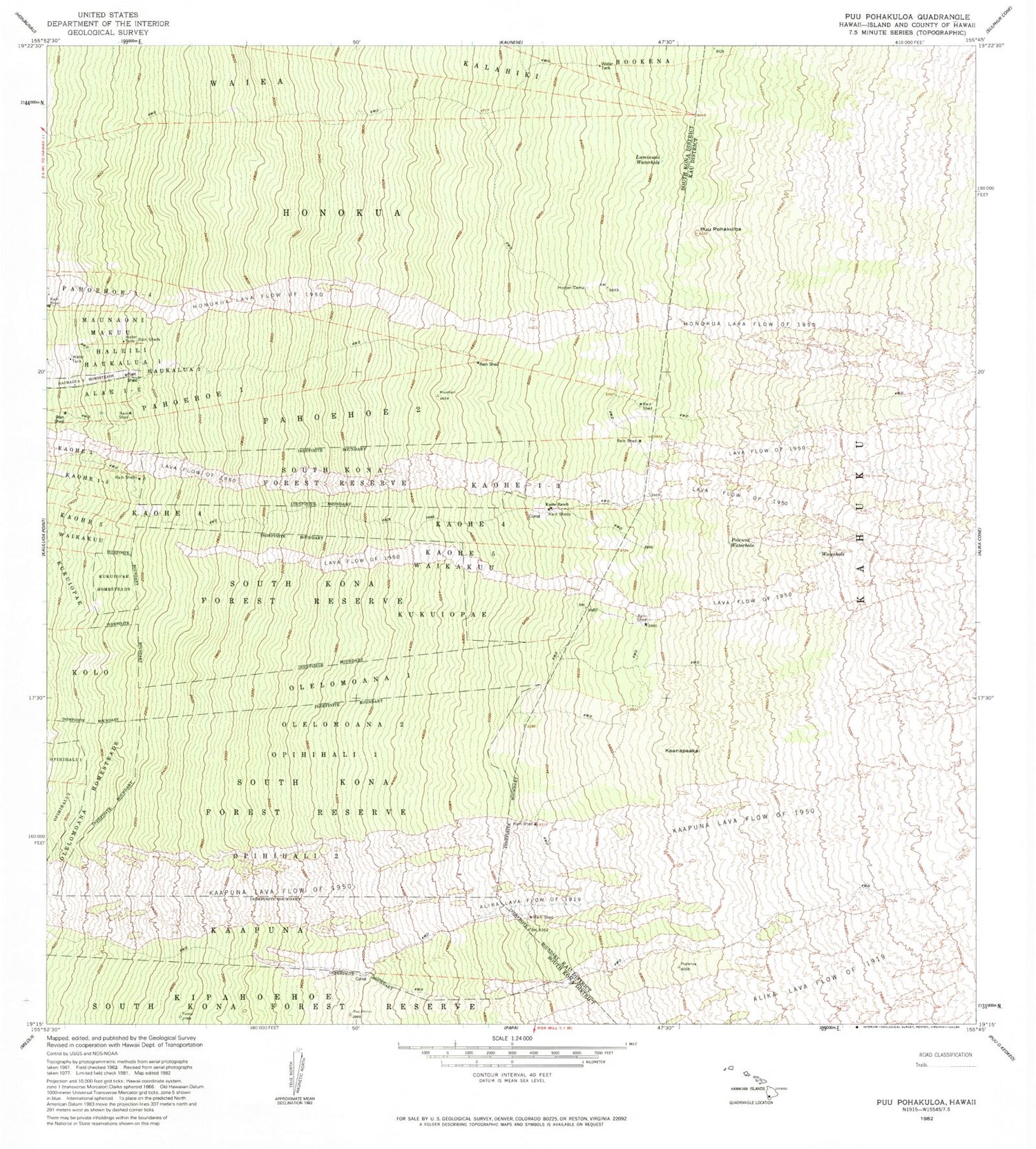 Classic USGS Puupohakuloa Hawaii 7.5'x7.5' Topo Map Image