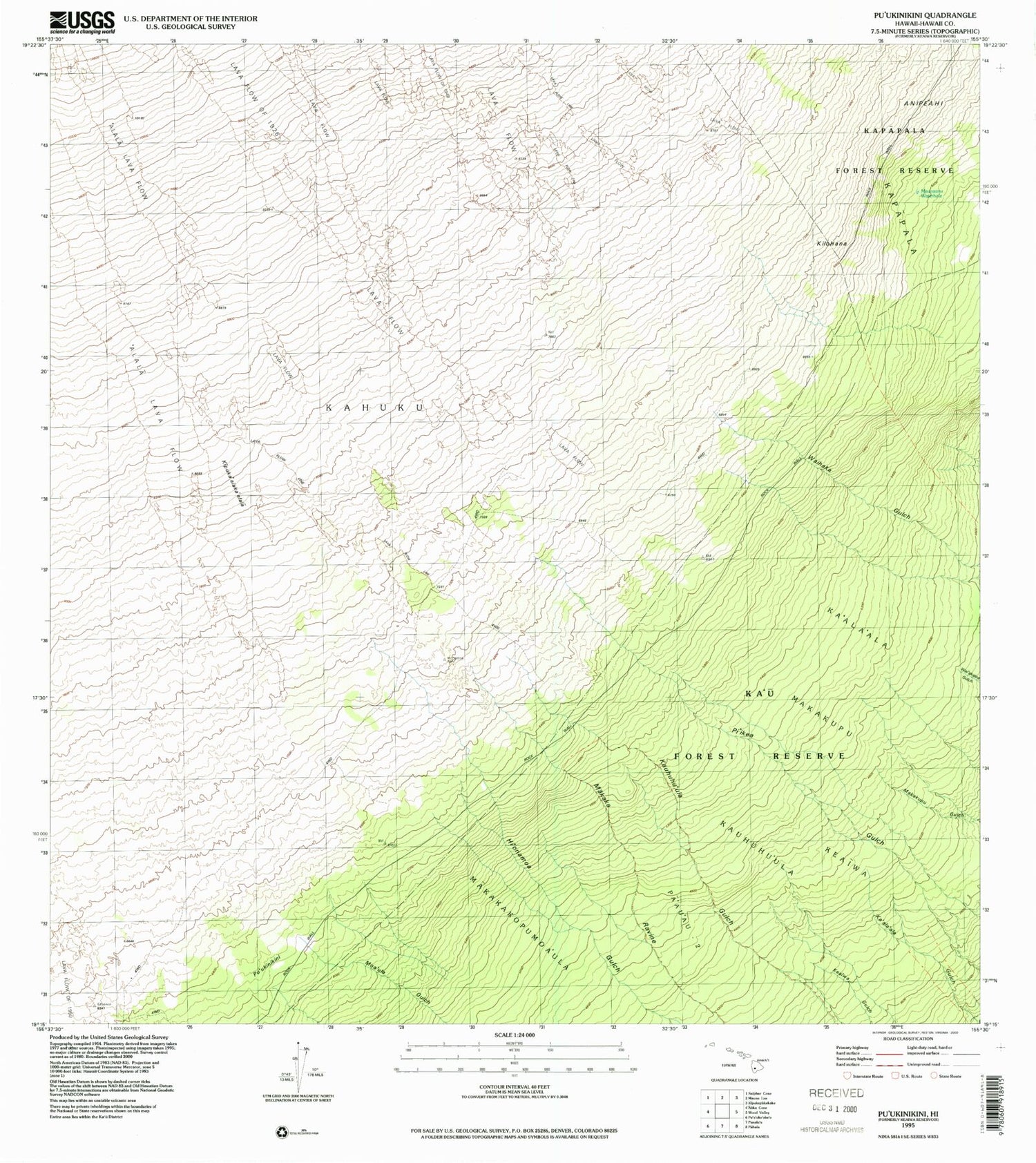 Classic USGS Puukinikini Hawaii 7.5'x7.5' Topo Map Image