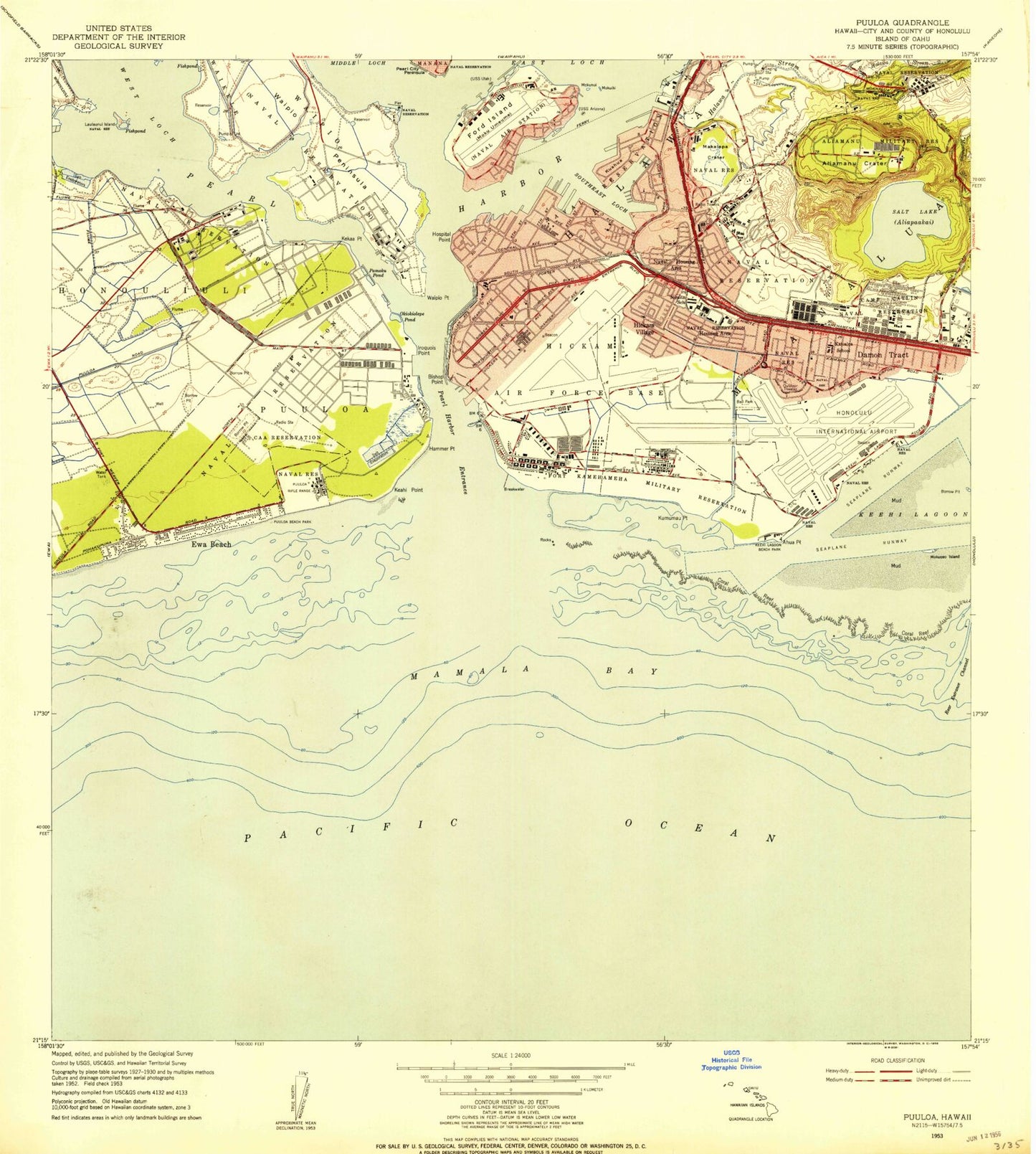Classic USGS Pearl Harbor Hawaii 7.5'x7.5' Topo Map Image