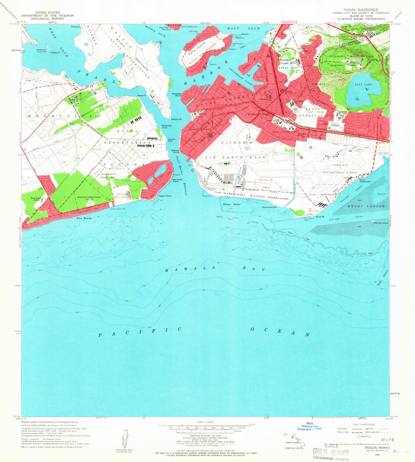Classic USGS Pearl Harbor Hawaii 7.5'x7.5' Topo Map Image