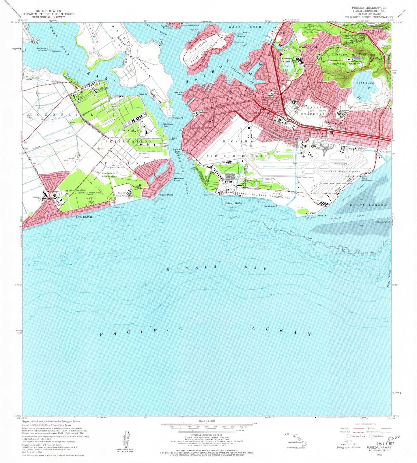 Classic USGS Pearl Harbor Hawaii 7.5'x7.5' Topo Map Image