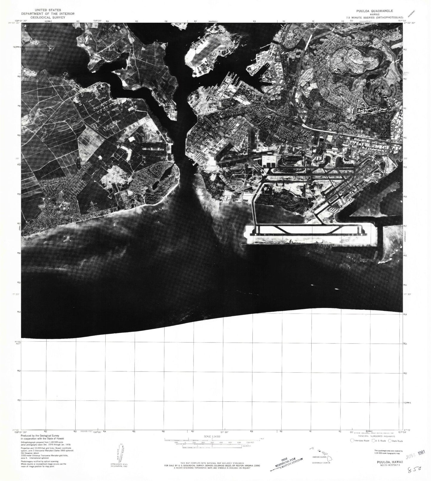 Classic USGS Pearl Harbor Hawaii 7.5'x7.5' Topo Map Image