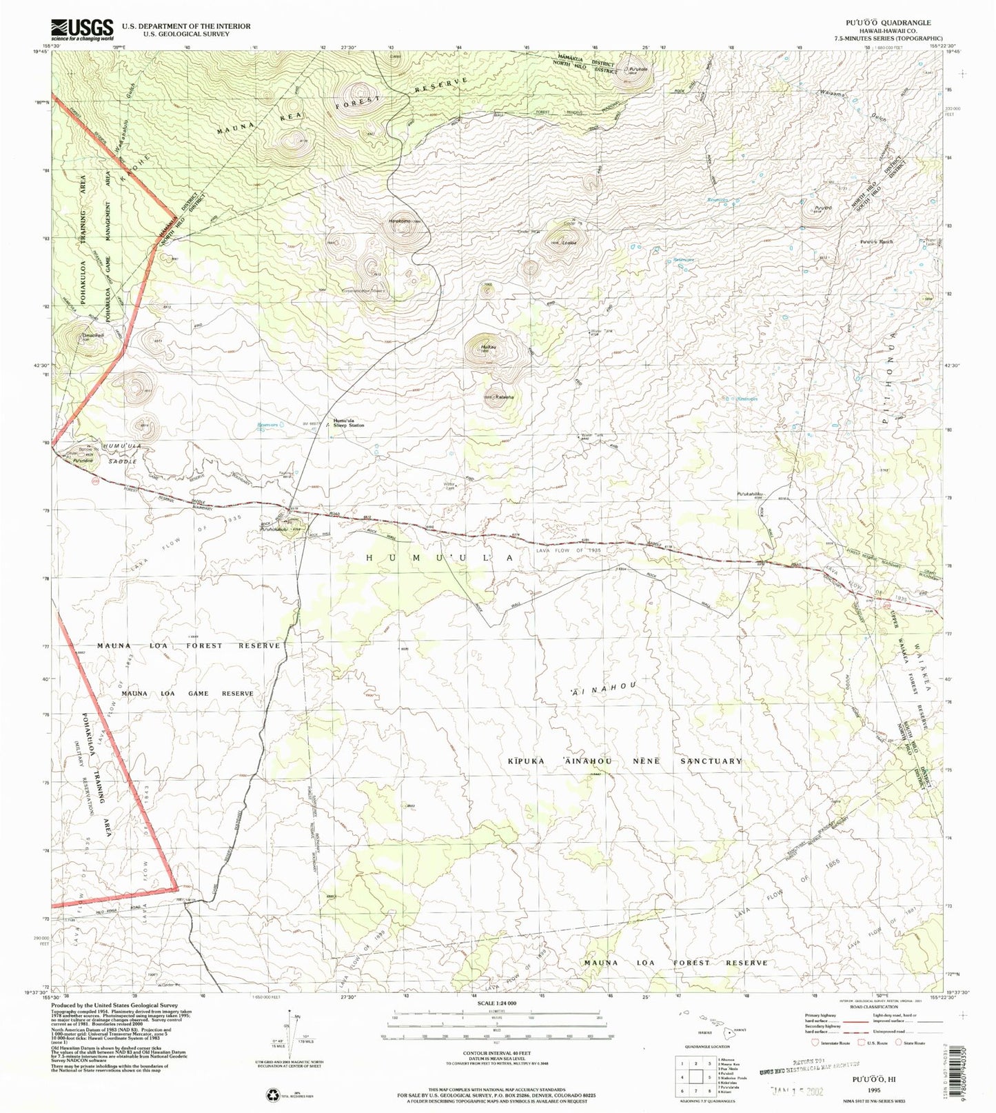 Classic USGS Puuoo Hawaii 7.5'x7.5' Topo Map Image