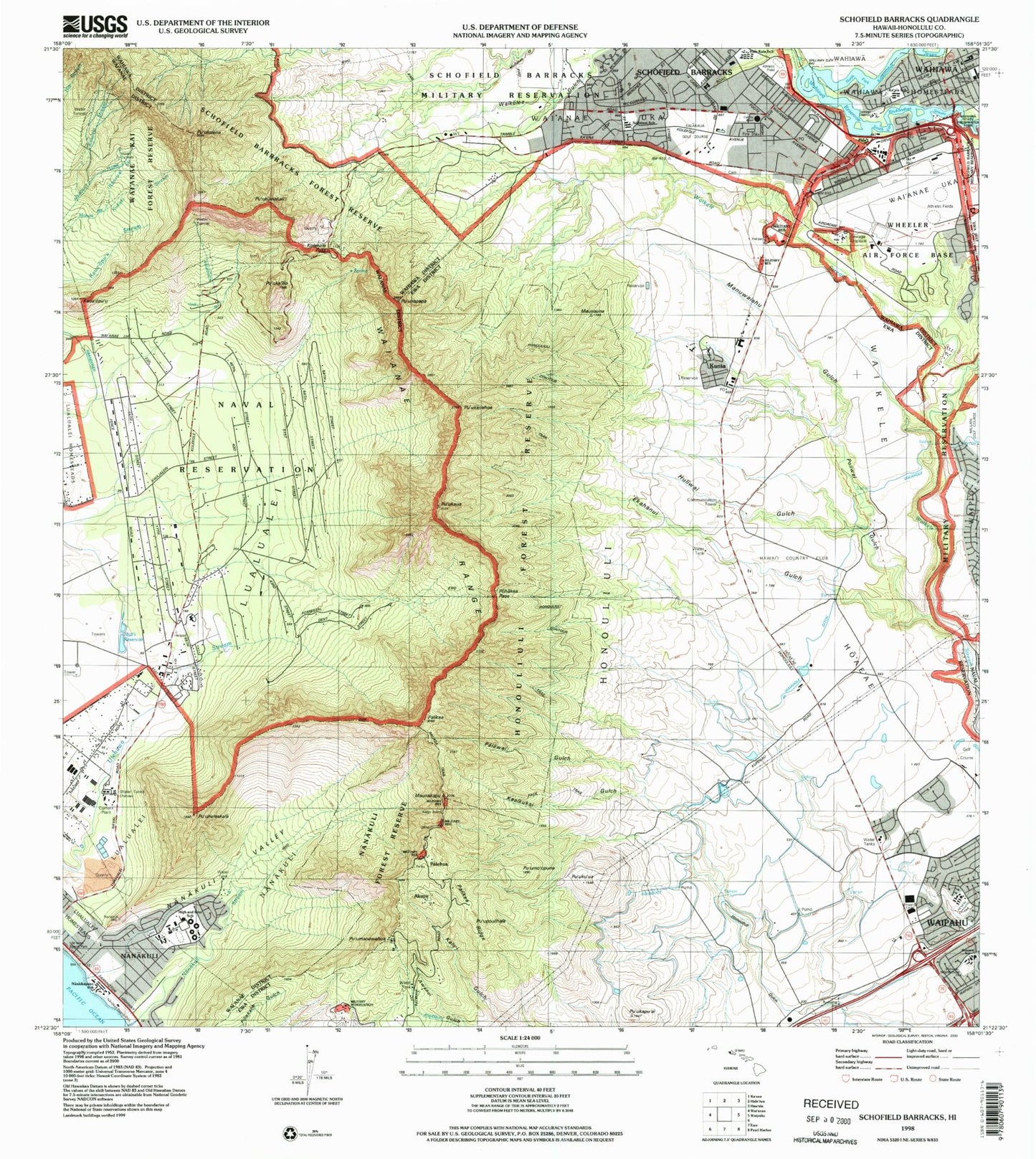 Classic USGS Schofield Barracks Hawaii 7.5'x7.5' Topo Map Image