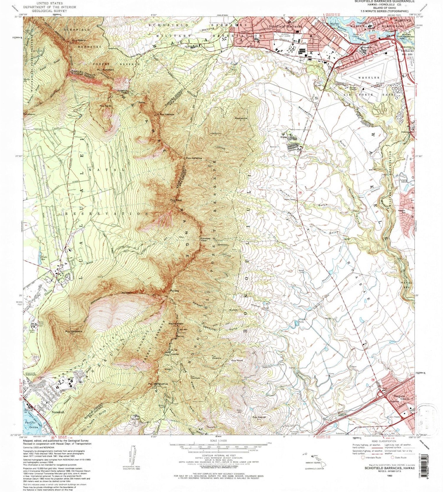 Classic USGS Schofield Barracks Hawaii 7.5'x7.5' Topo Map Image
