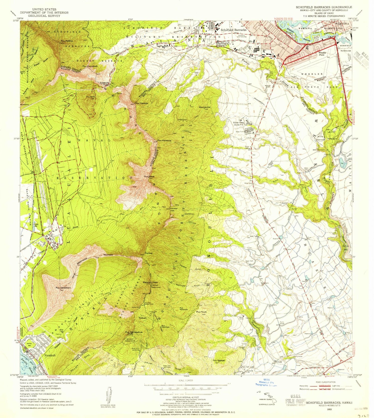 Classic USGS Schofield Barracks Hawaii 7.5'x7.5' Topo Map Image