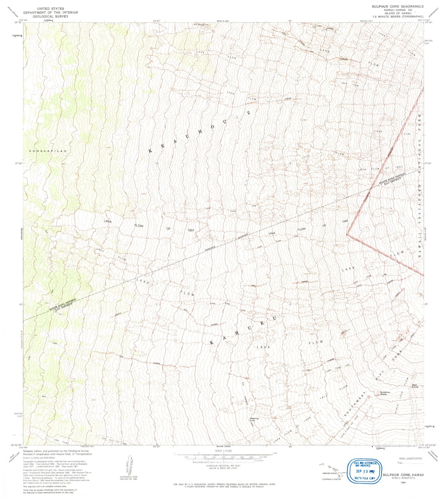 Classic USGS Sulphur Cone Hawaii 7.5'x7.5' Topo Map Image