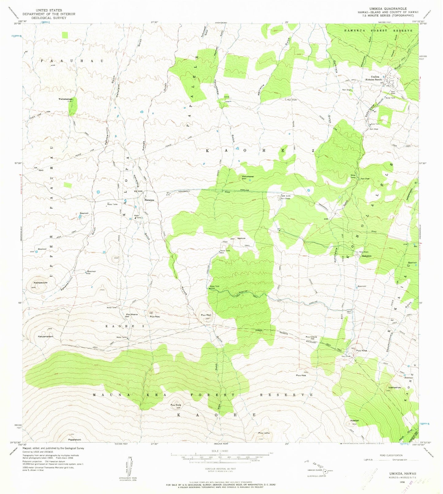 Classic USGS Umikoa Hawaii 7.5'x7.5' Topo Map Image