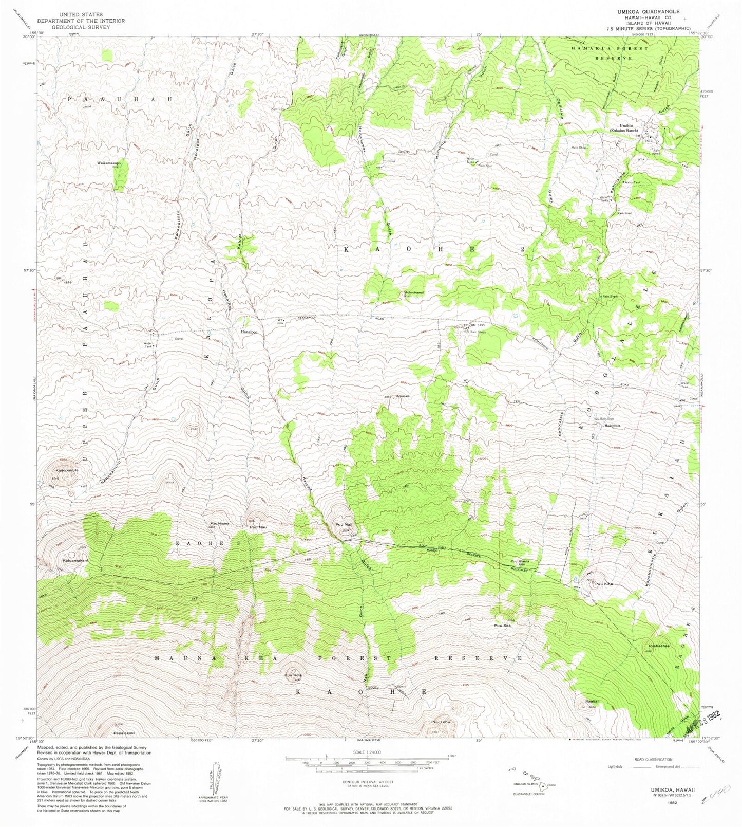 Classic USGS Umikoa Hawaii 7.5'x7.5' Topo Map Image