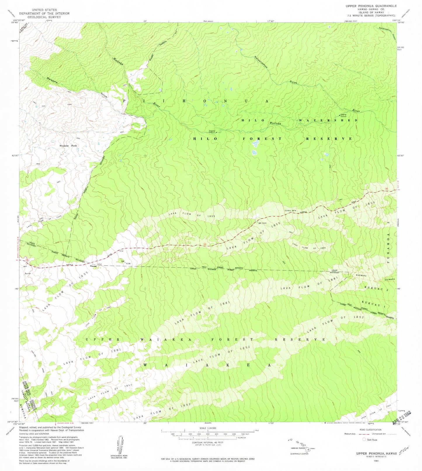 Classic USGS Waikoloa Ponds Hawaii 7.5'x7.5' Topo Map Image
