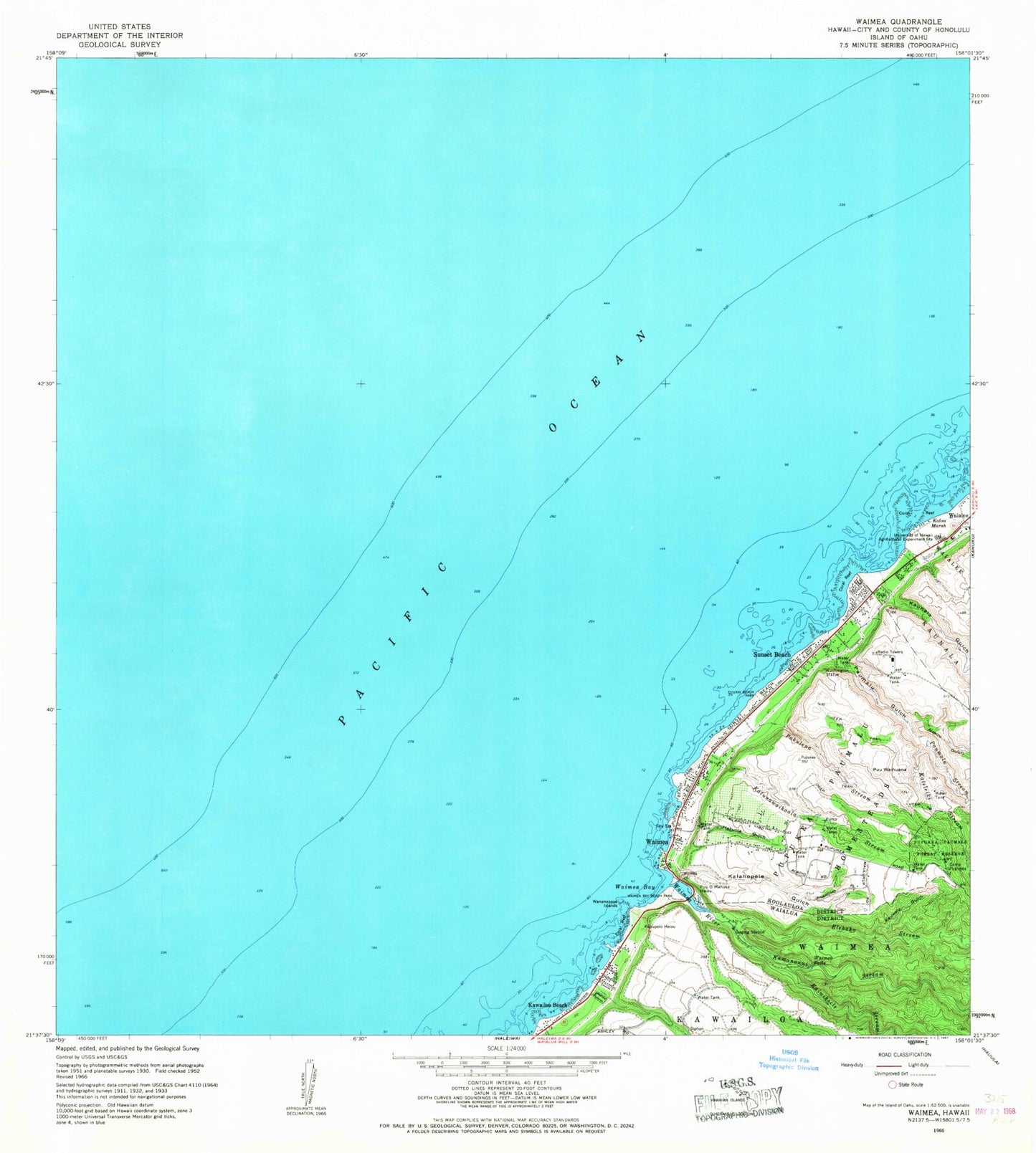 Classic USGS Waimea Hawaii 7.5'x7.5' Topo Map Image