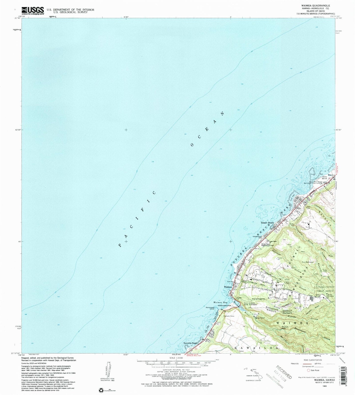 Classic USGS Waimea Hawaii 7.5'x7.5' Topo Map Image