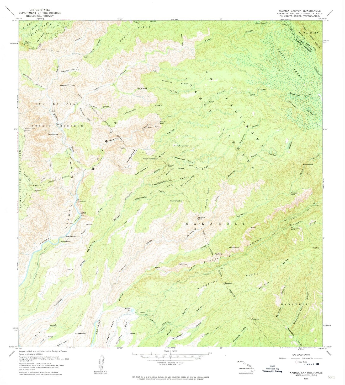 Classic USGS Waimea Canyon Hawaii 7.5'x7.5' Topo Map Image