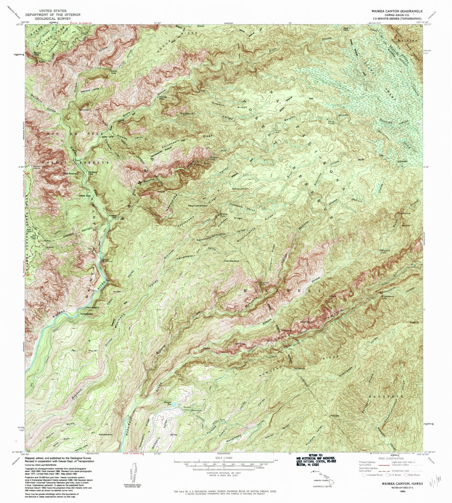 Classic USGS Waimea Canyon Hawaii 7.5'x7.5' Topo Map Image