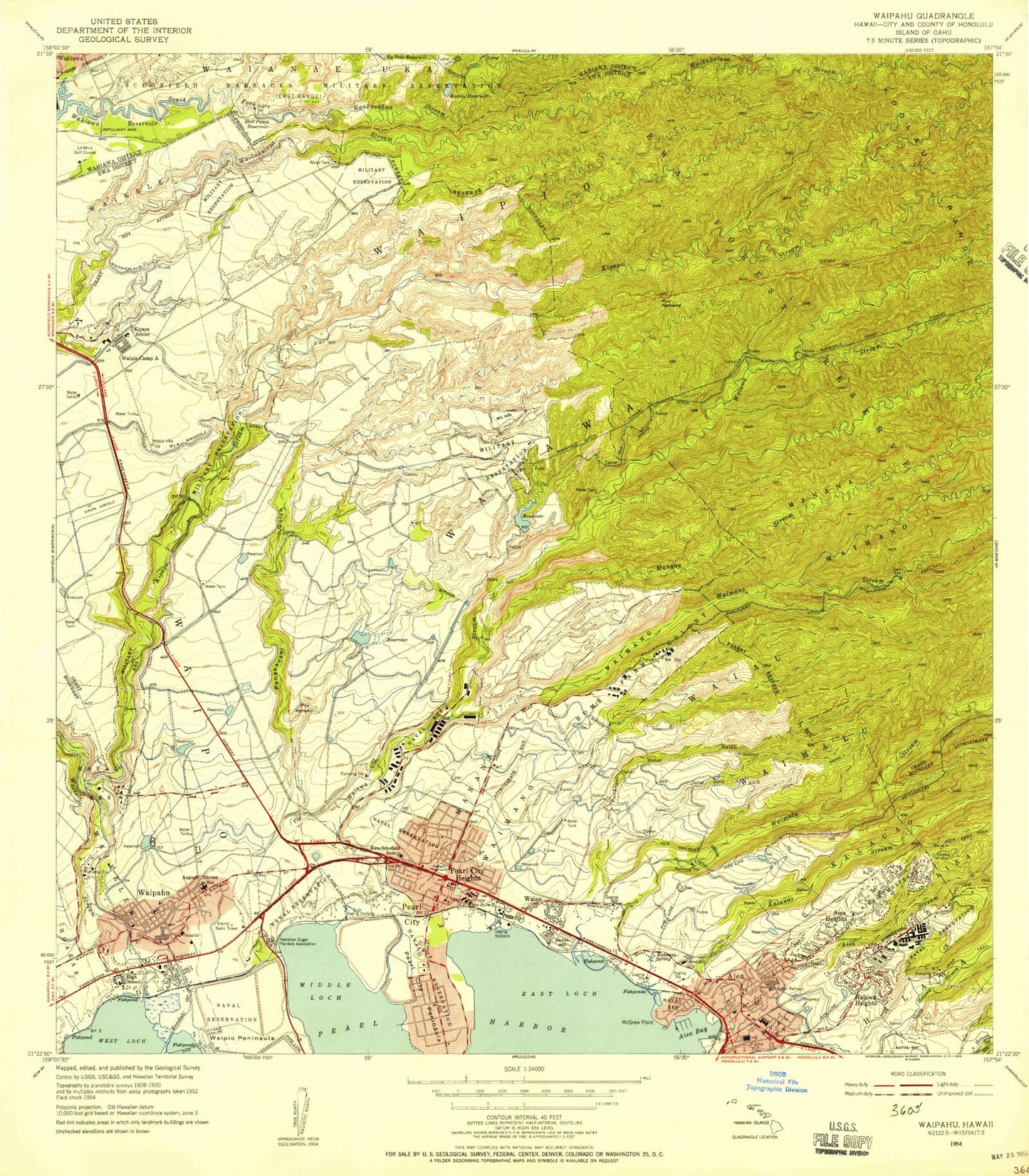Classic USGS Waipahu Hawaii 7.5'x7.5' Topo Map Image