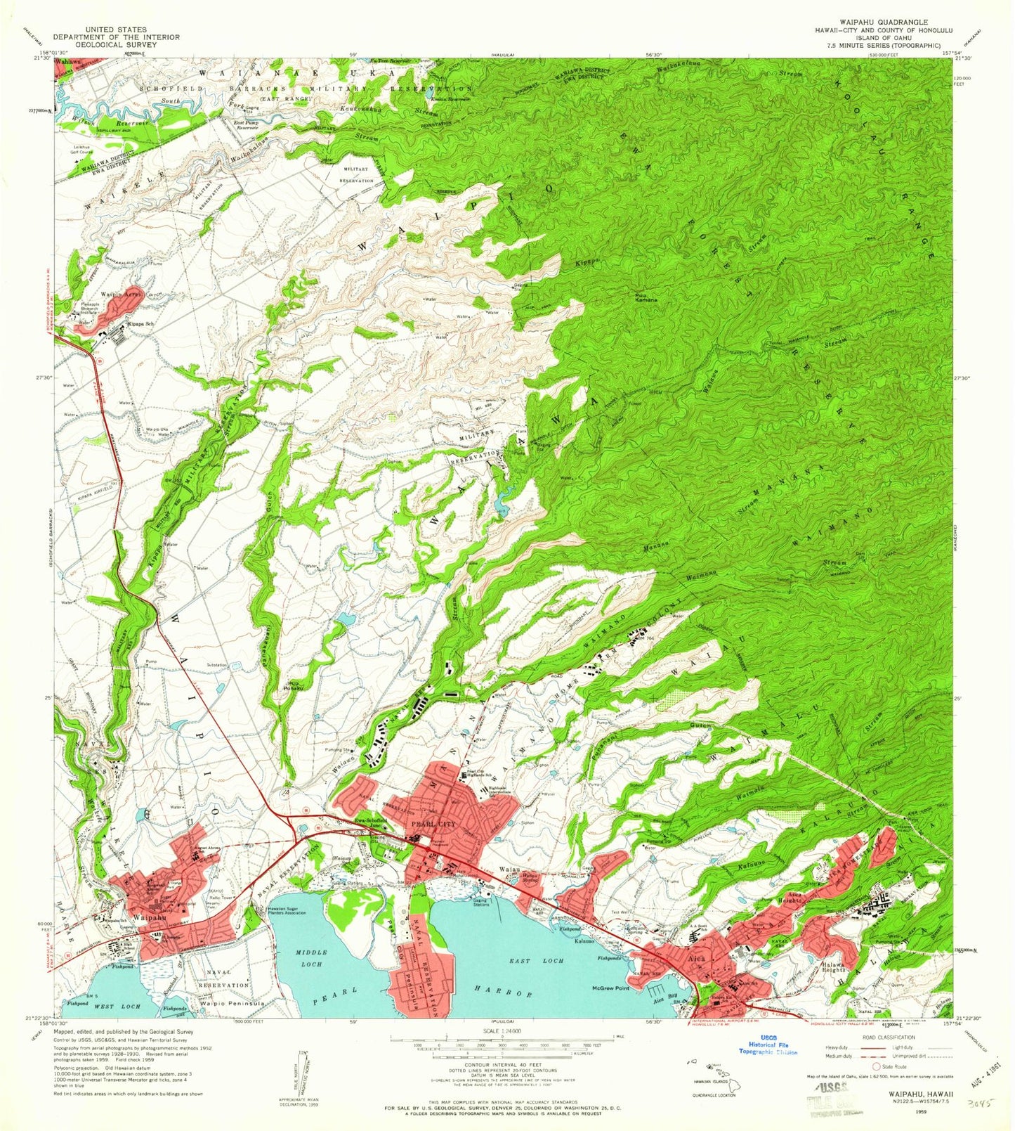 Classic USGS Waipahu Hawaii 7.5'x7.5' Topo Map Image