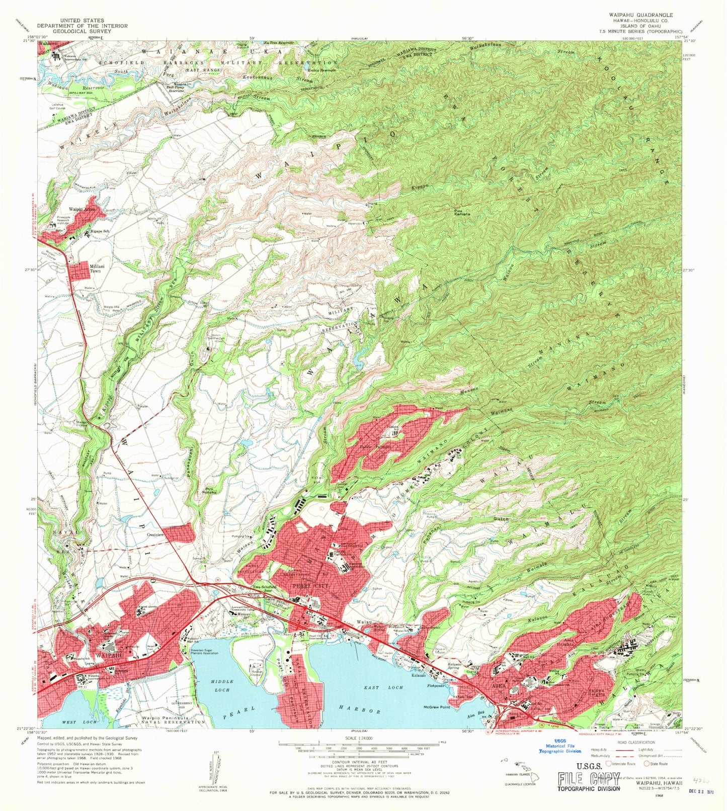 Classic USGS Waipahu Hawaii 7.5'x7.5' Topo Map Image
